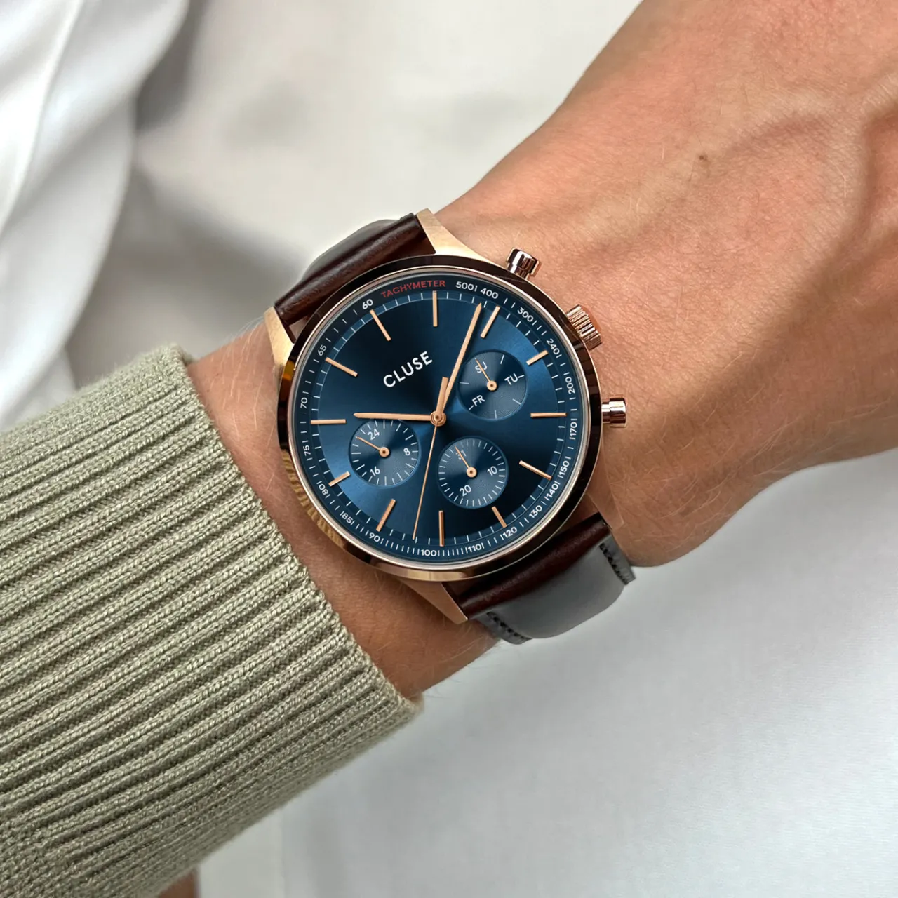 Homme CLUSE Anthéor Multifunction Watch Leather Blue, Rose Gold Colour