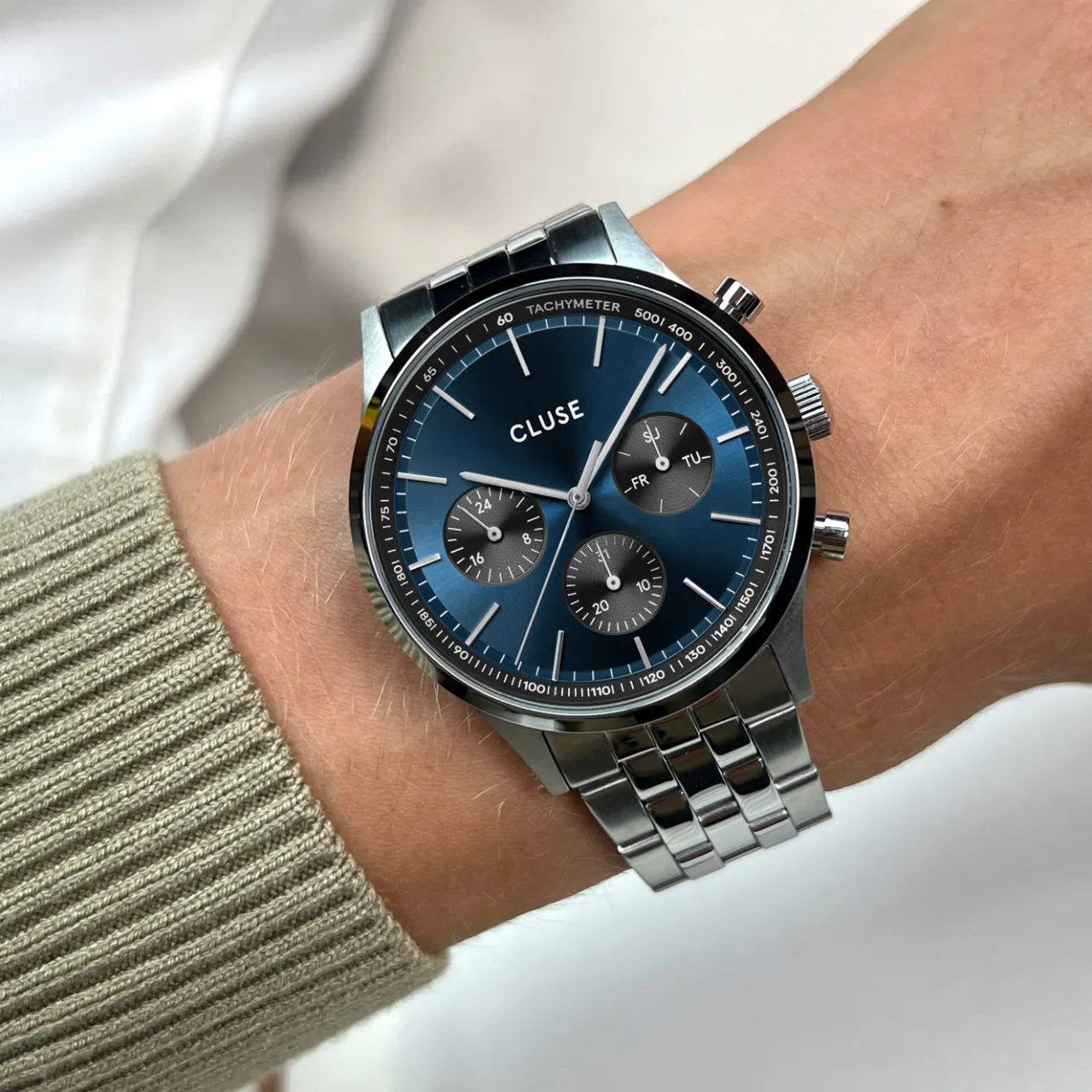 Homme CLUSE Anthéor Multifunction Watch Steel Blue and Black, Silver Colour