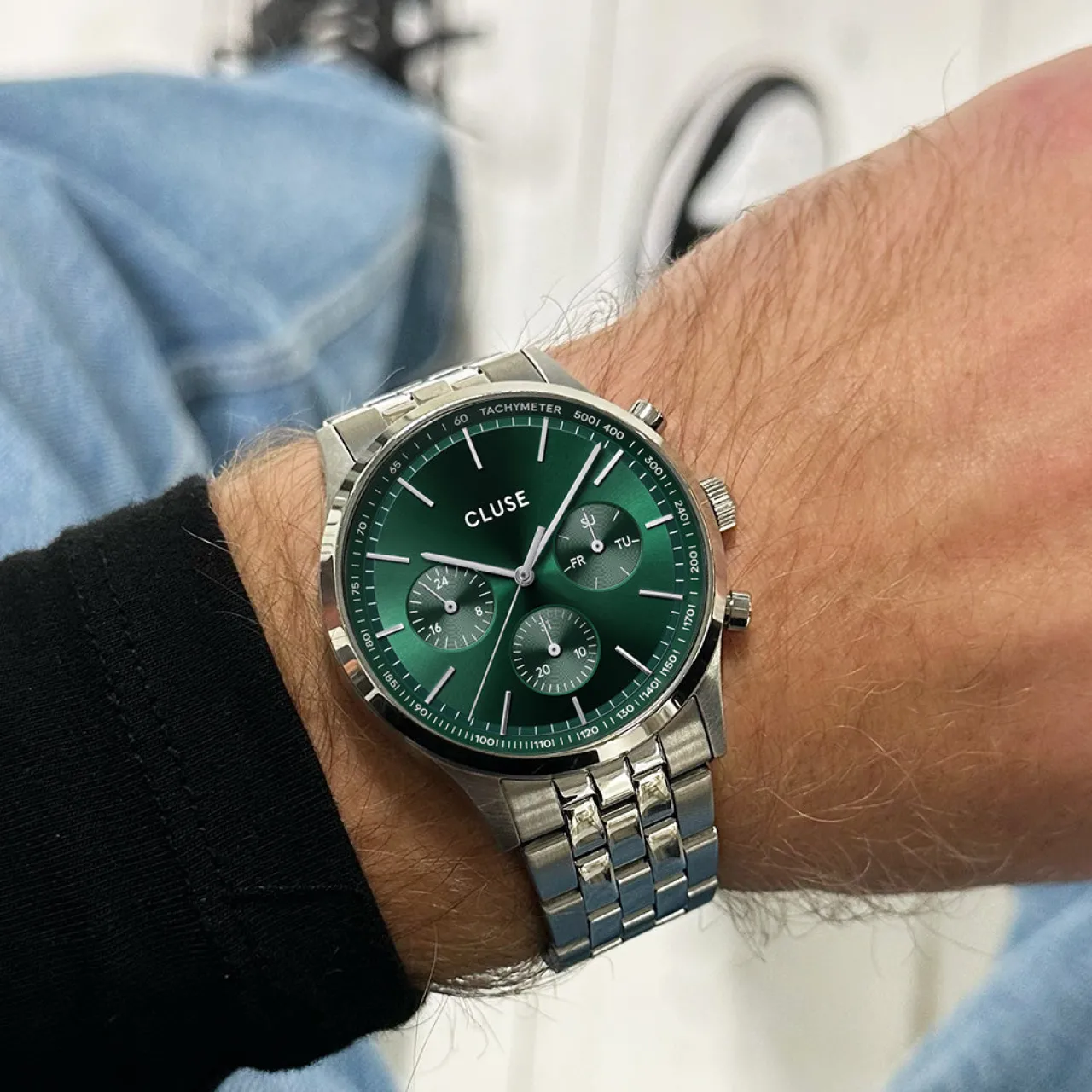 Homme CLUSE Anthéor Multifunction Watch Steel Green, Silver Colour