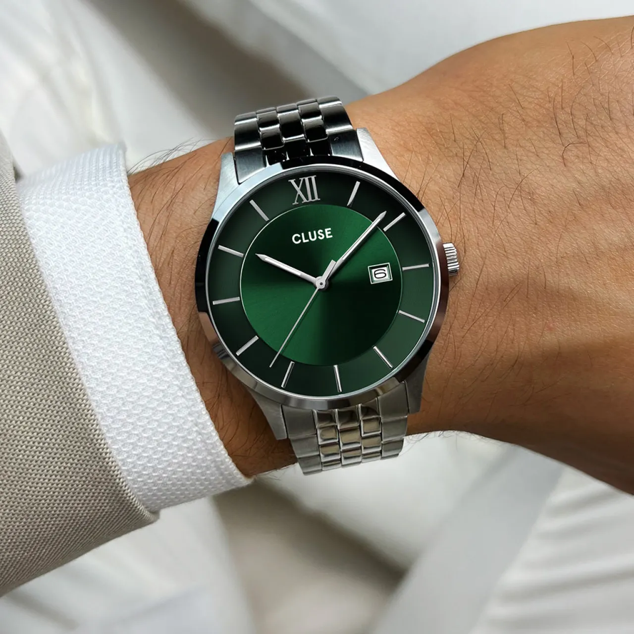 Homme CLUSE Aravis 3-Hand Watch, Green, Silver Colour