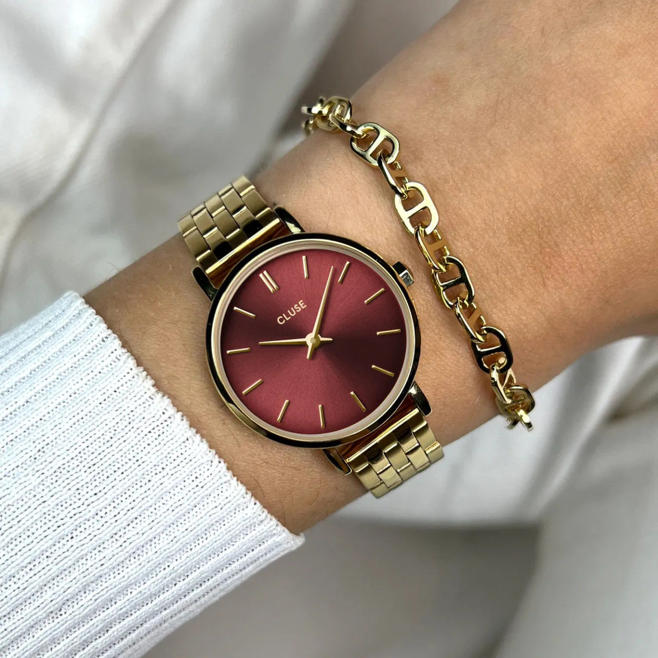 Femme CLUSE Boho Chic Petite Steel Watch, Dark Cherry, Gold Colour