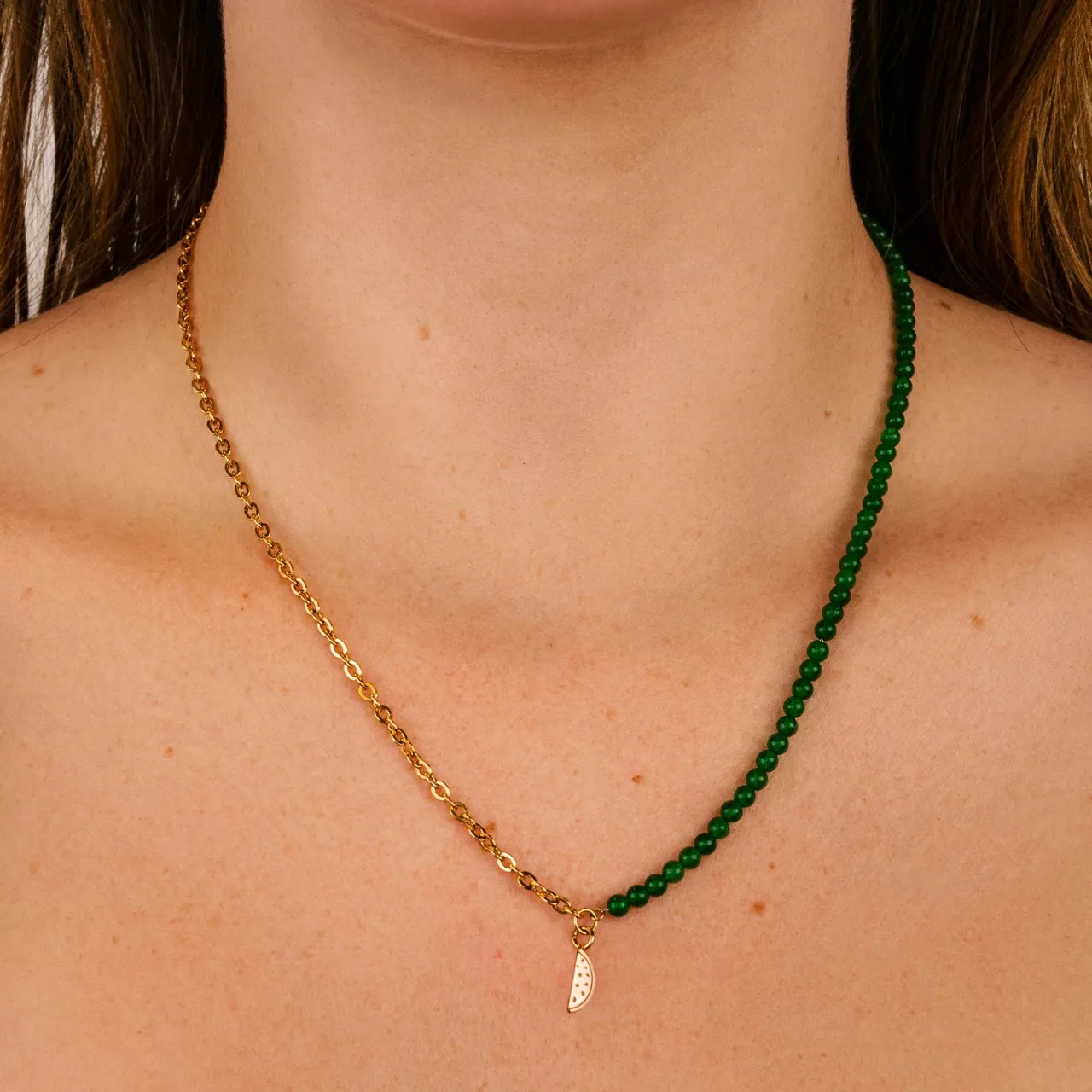 CLUSE Essentielle Green Beads Watermelon Charm Necklace, Gold Colour