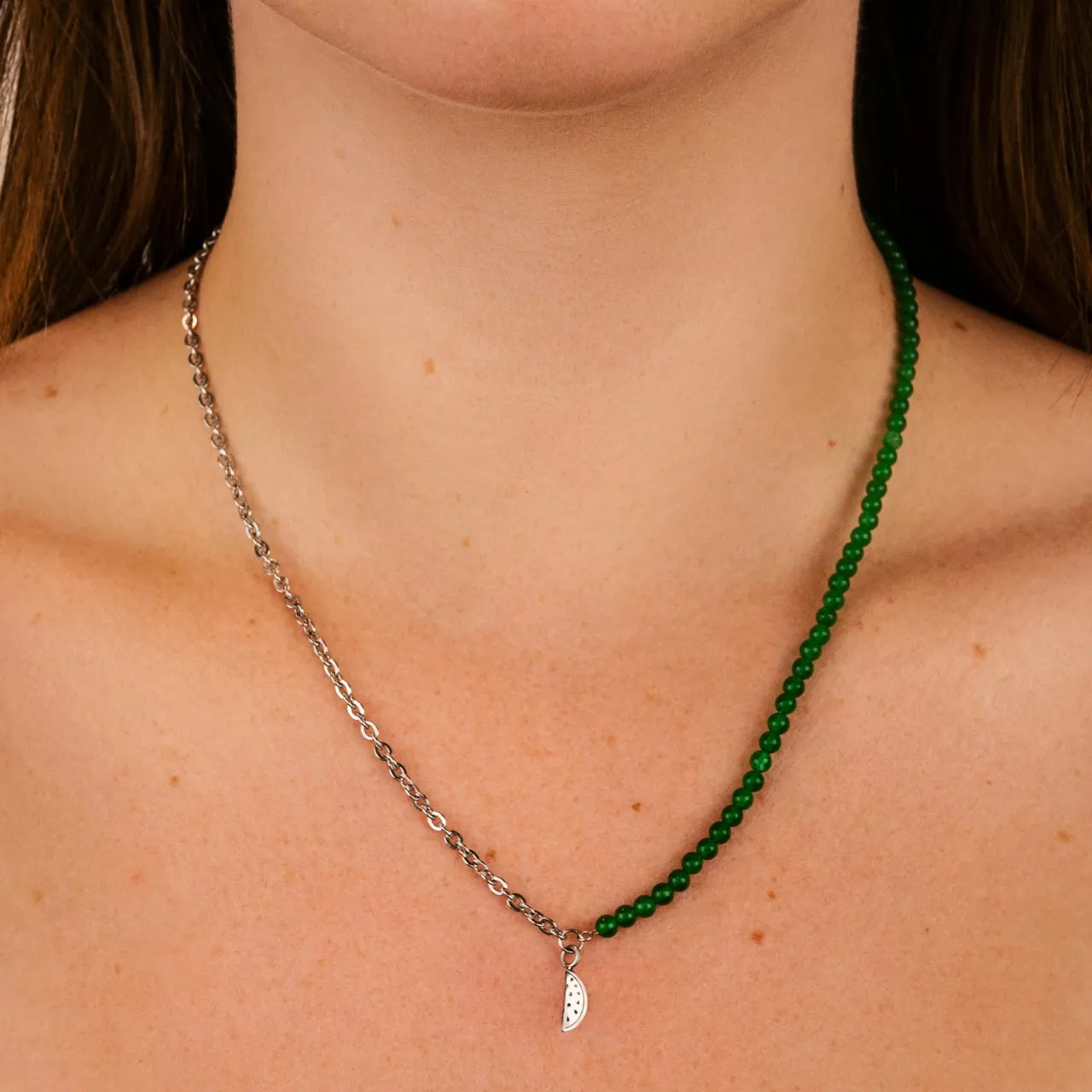 CLUSE Essentielle Green Beads Watermelon Charm Necklace, Silver Colour