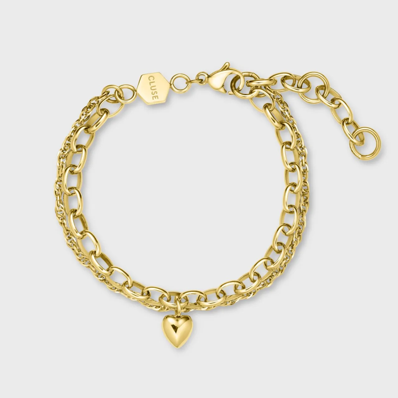 CLUSE Essentielle Heart Charm Double Chain Bracelet, Gold Colour