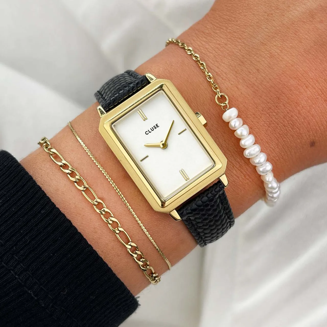 Femme CLUSE Fluette Leather Black Lizard, Gold Colour