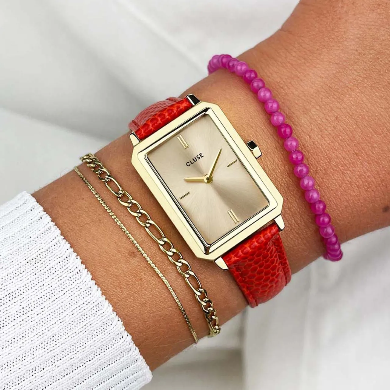 Femme CLUSE Fluette Leather Coral Lizard, Gold Colour