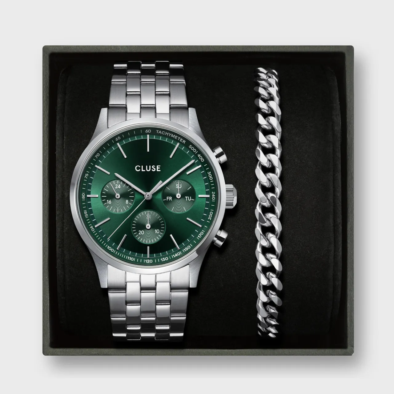 Homme CLUSE Gift Box Anthéor Multifunction Steel Watch Green & Cuban Chain Bracelet