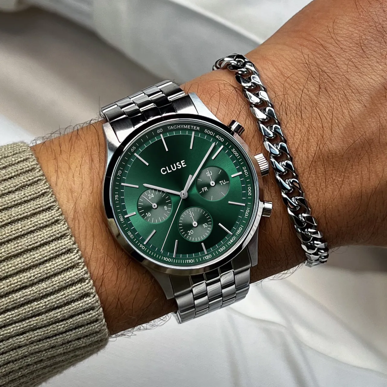 Homme CLUSE Gift Box Anthéor Multifunction Steel Watch Green & Cuban Chain Bracelet