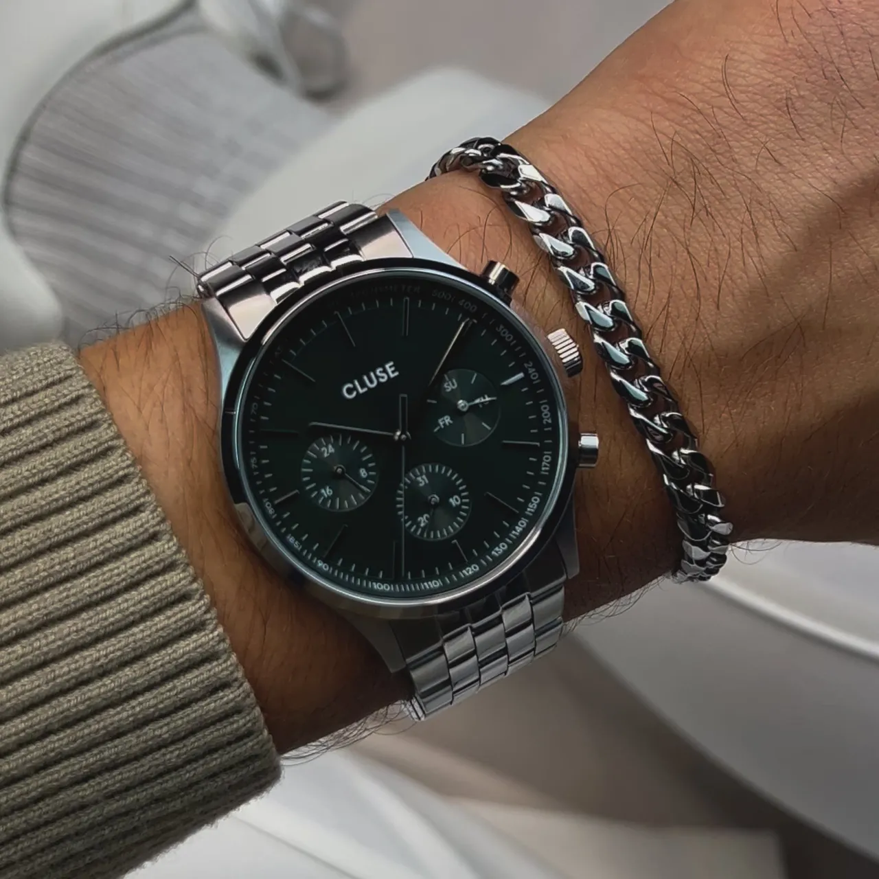 Homme CLUSE Gift Box Anthéor Multifunction Steel Watch Green & Cuban Chain Bracelet