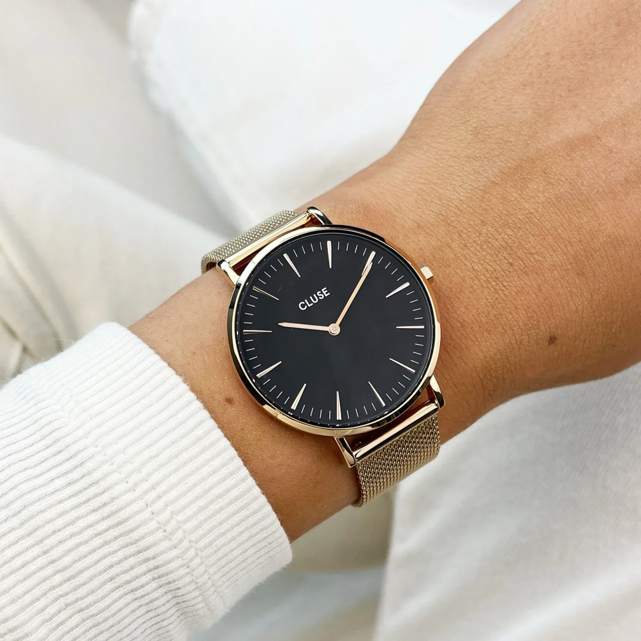 Femme CLUSE Gift Box Boho Chic Mesh Watch and Strap Rose Gold Colour