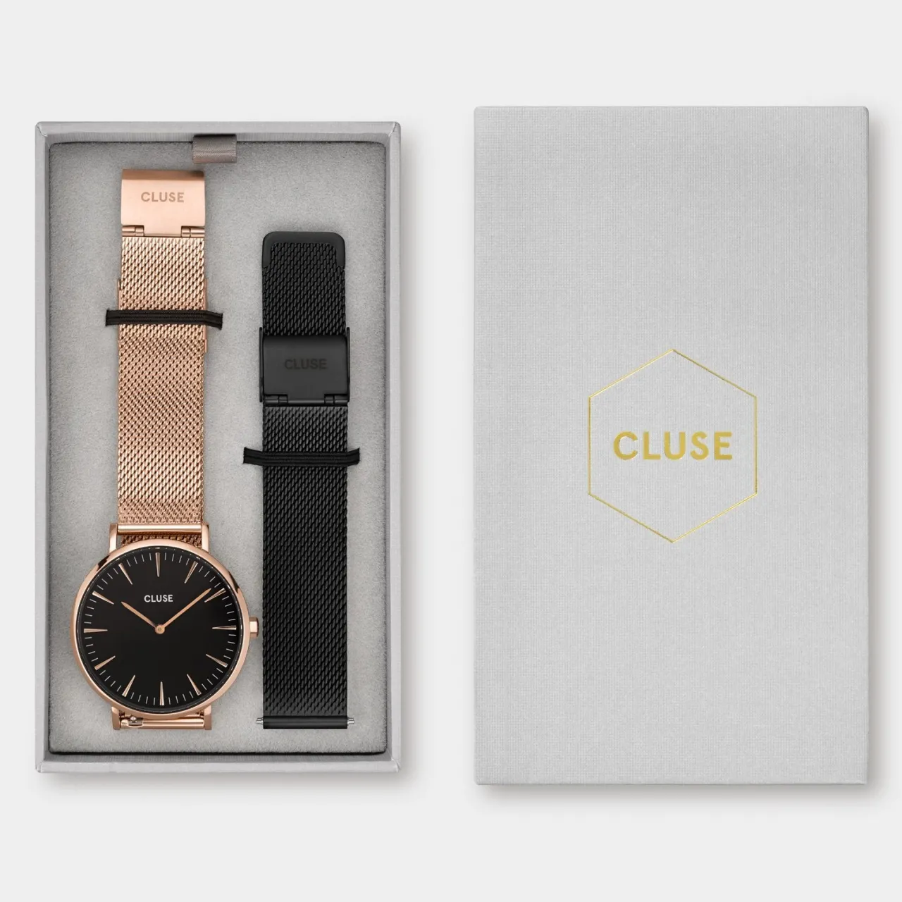 Femme CLUSE Gift Box Boho Chic Mesh Watch and Strap Rose Gold Colour