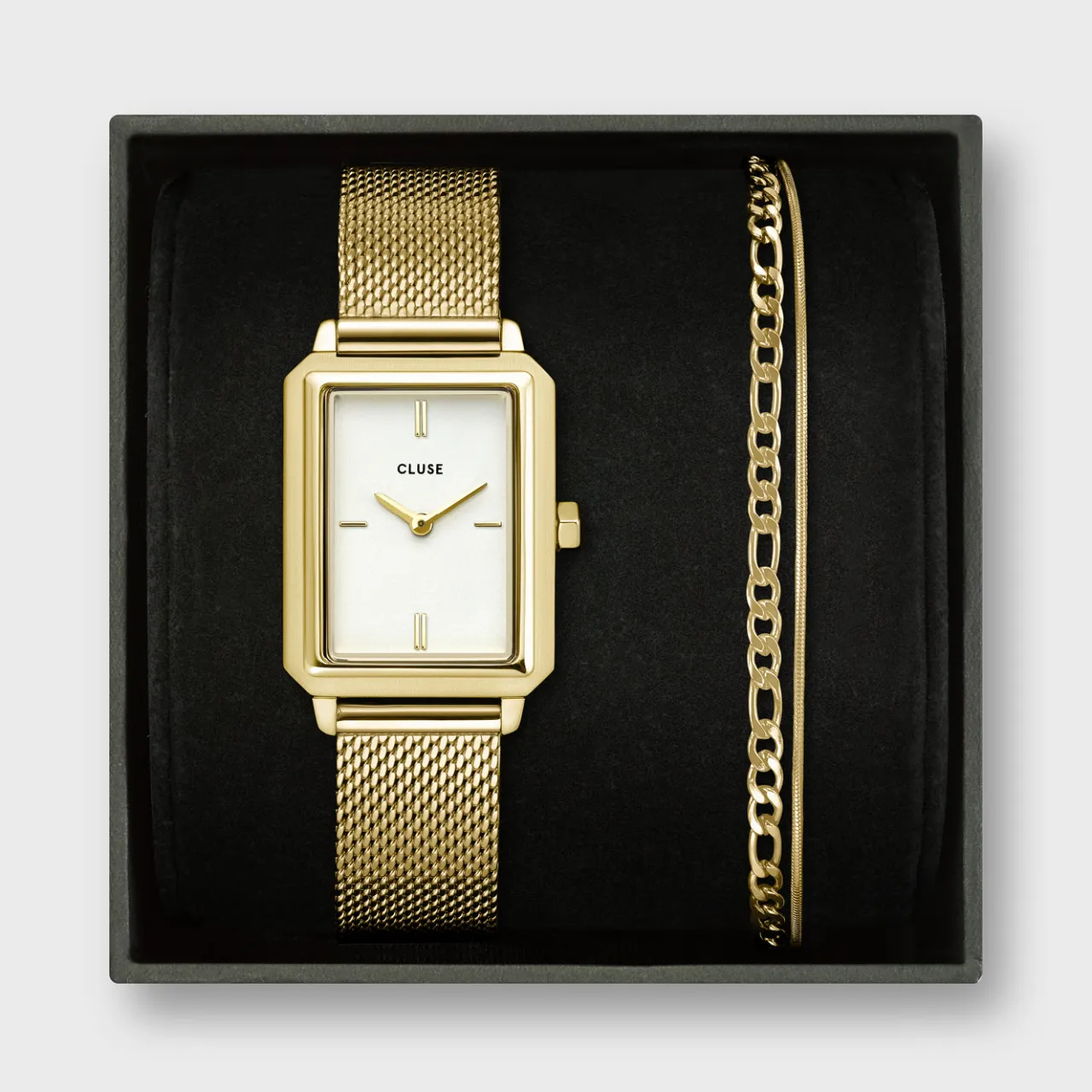 Femme CLUSE Gift Box Fluette Mesh White Watch and Double Chain Bracelet, Gold Colour