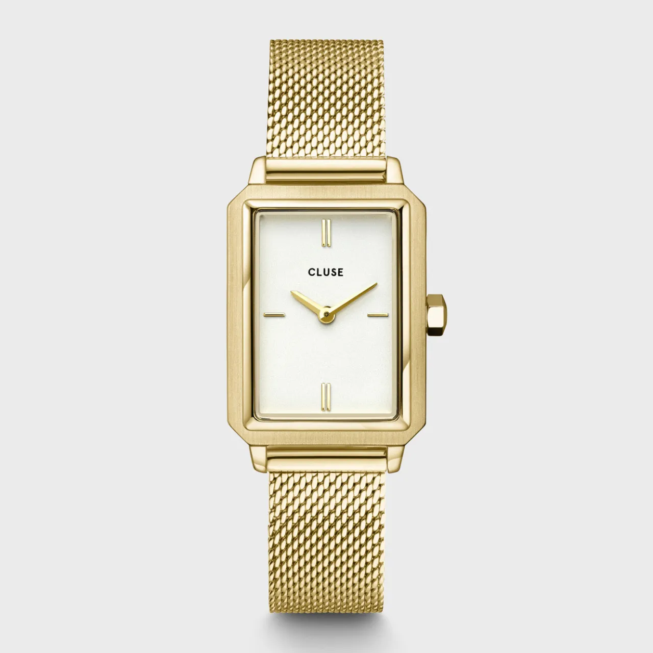 Femme CLUSE Gift Box Fluette Mesh White Watch and Double Chain Bracelet, Gold Colour