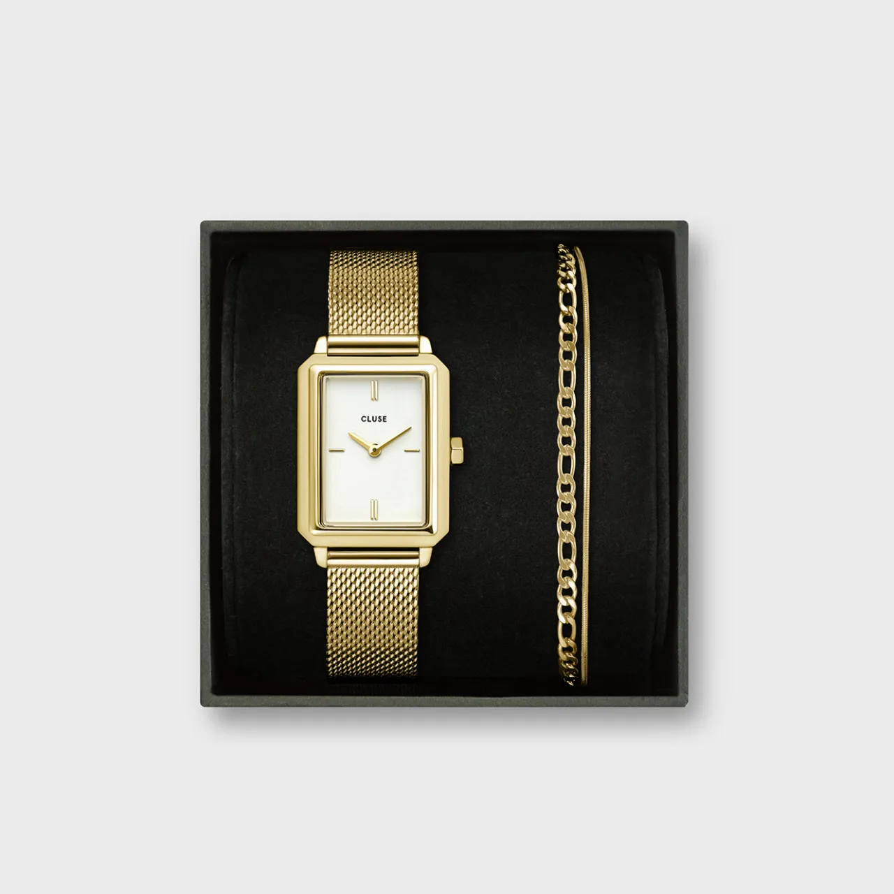 Femme CLUSE Gift Box Fluette Mesh White Watch and Double Chain Bracelet, Gold Colour