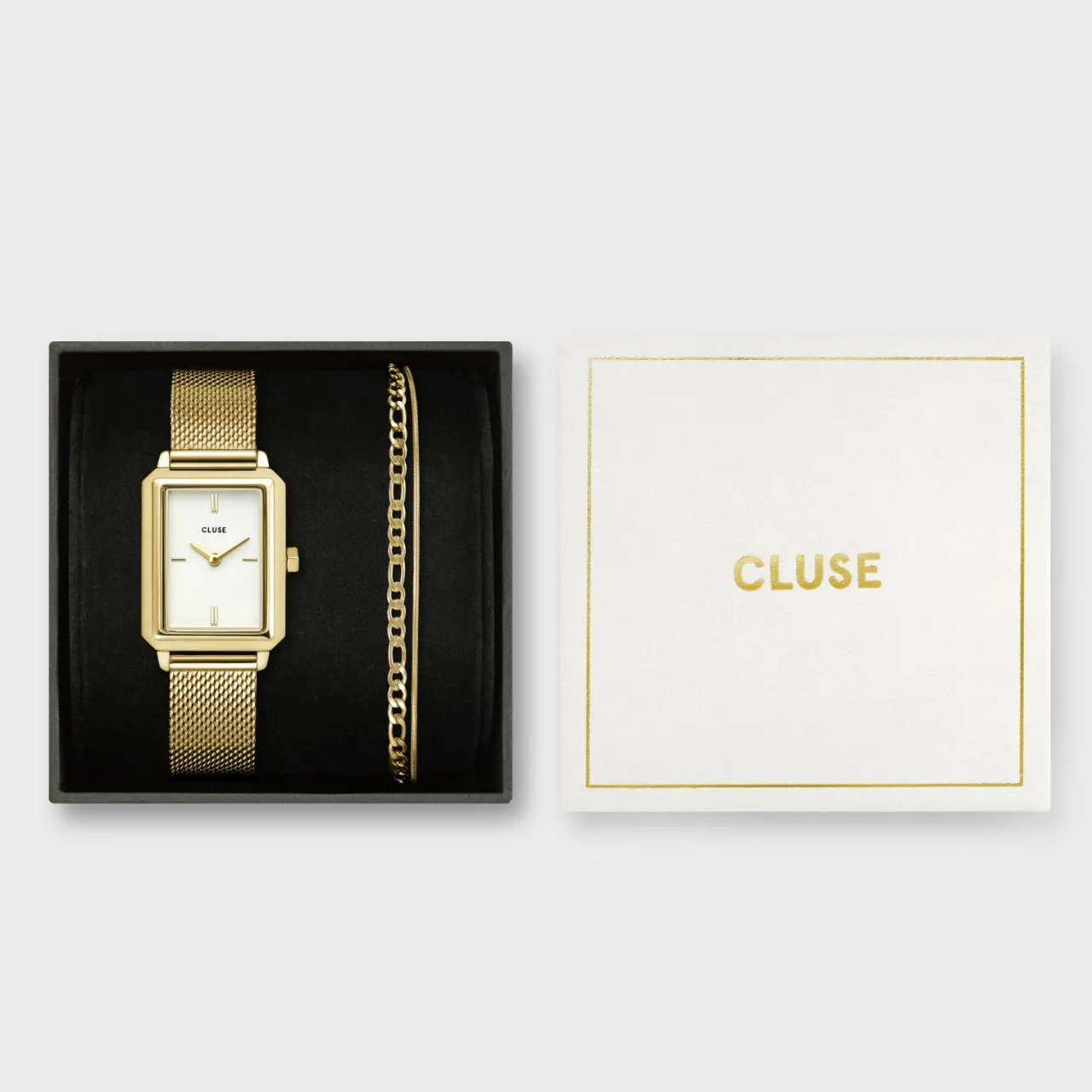 Femme CLUSE Gift Box Fluette Mesh White Watch and Double Chain Bracelet, Gold Colour