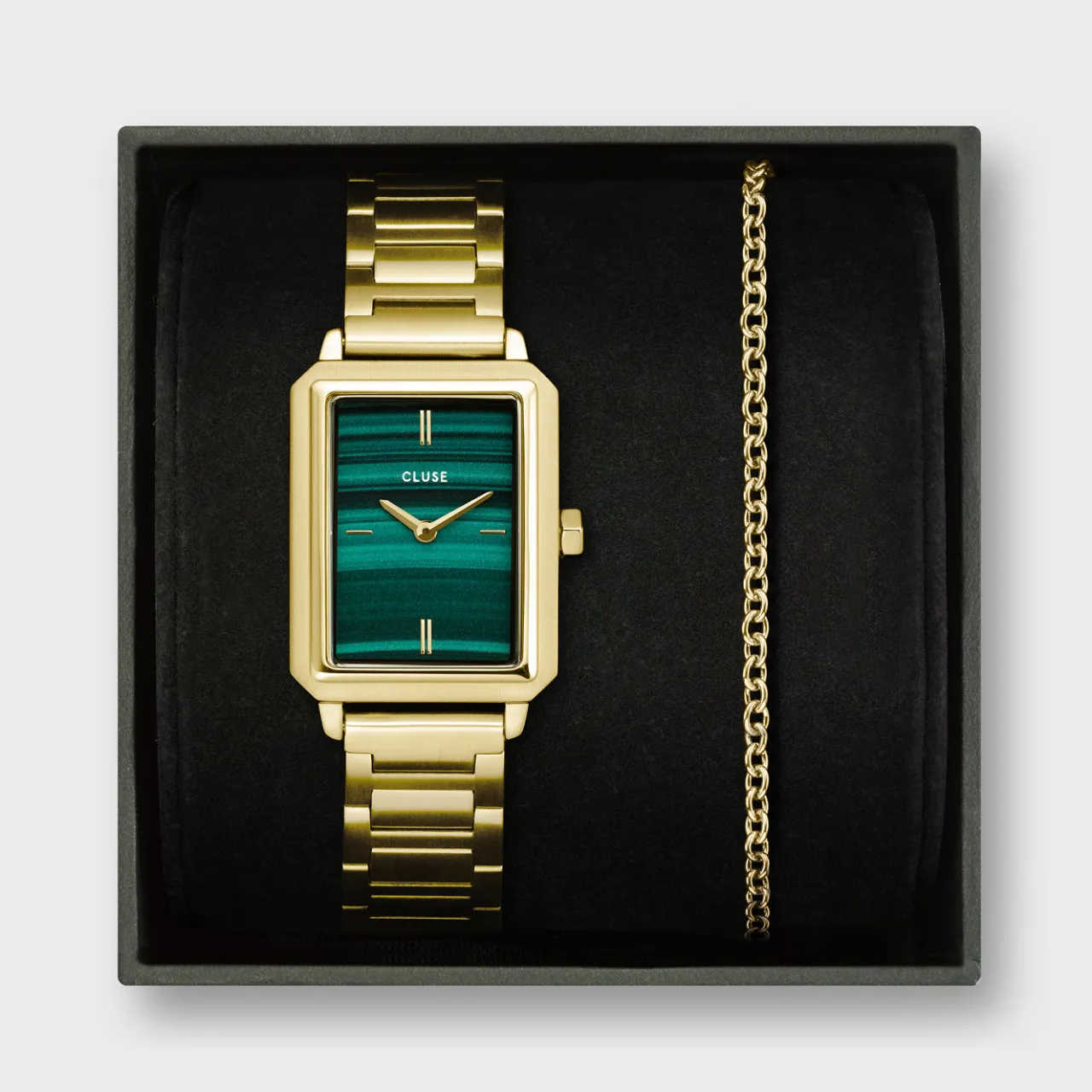 Femme CLUSE Gift Box Fluette Steel Green Watch and Round Chain Bracelet, Gold Colour