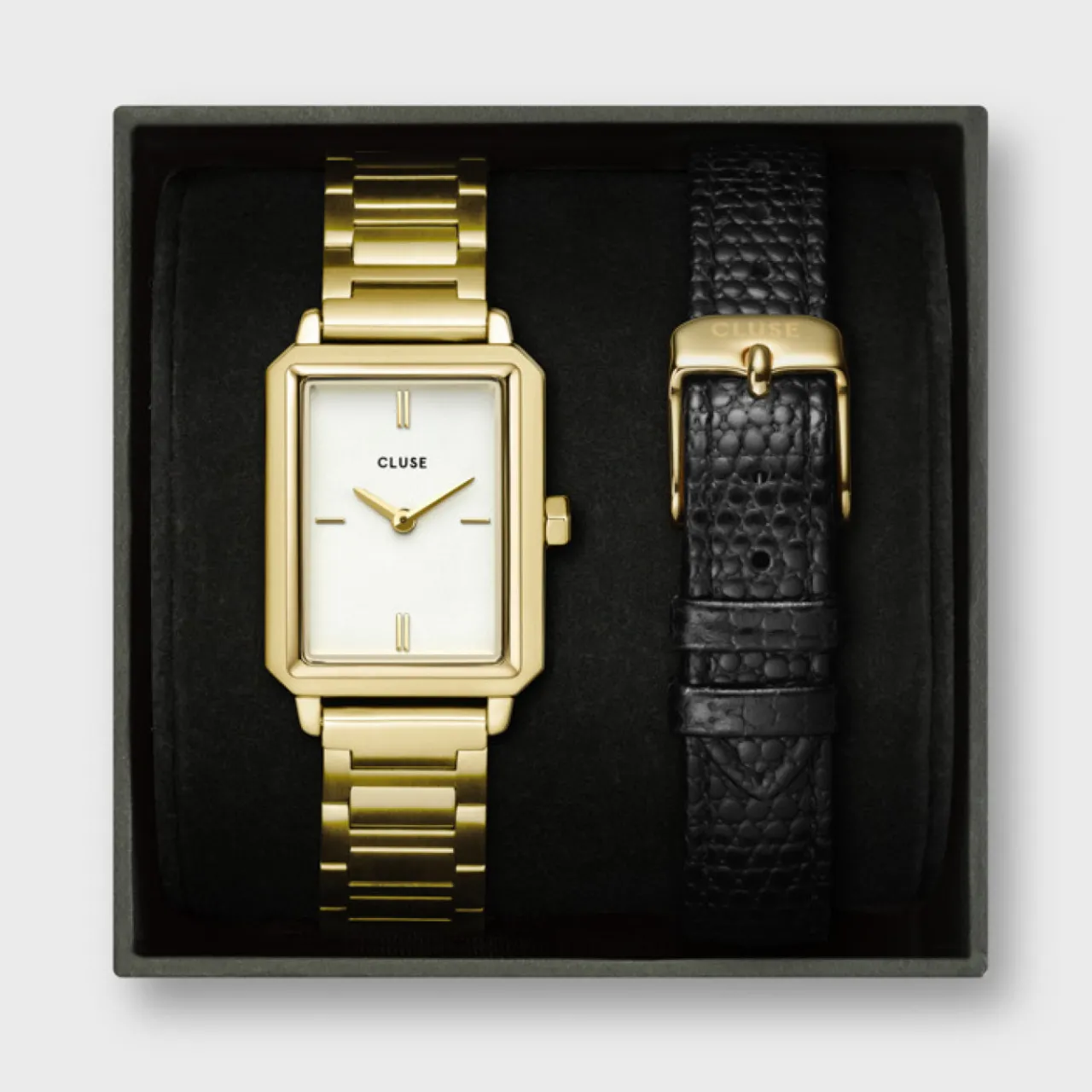Femme CLUSE Gift Box Fluette Steel Watch and Black Leather Lizard Strap, Gold Colour