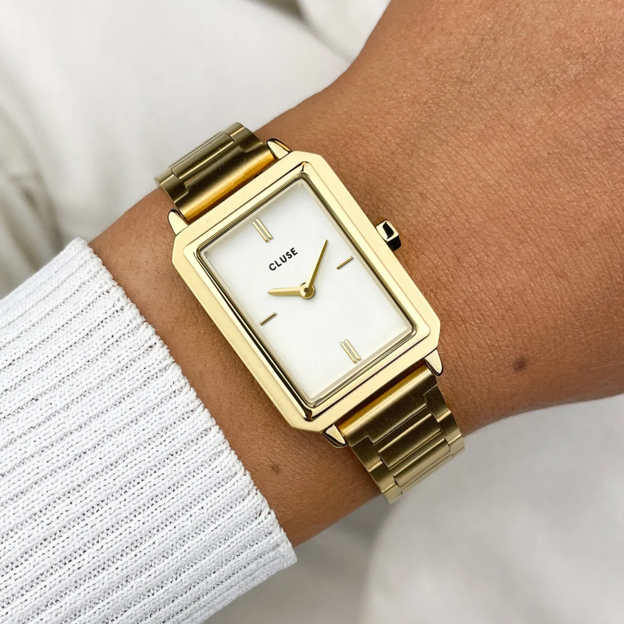 Femme CLUSE Gift Box Fluette Steel Watch and Black Leather Lizard Strap, Gold Colour