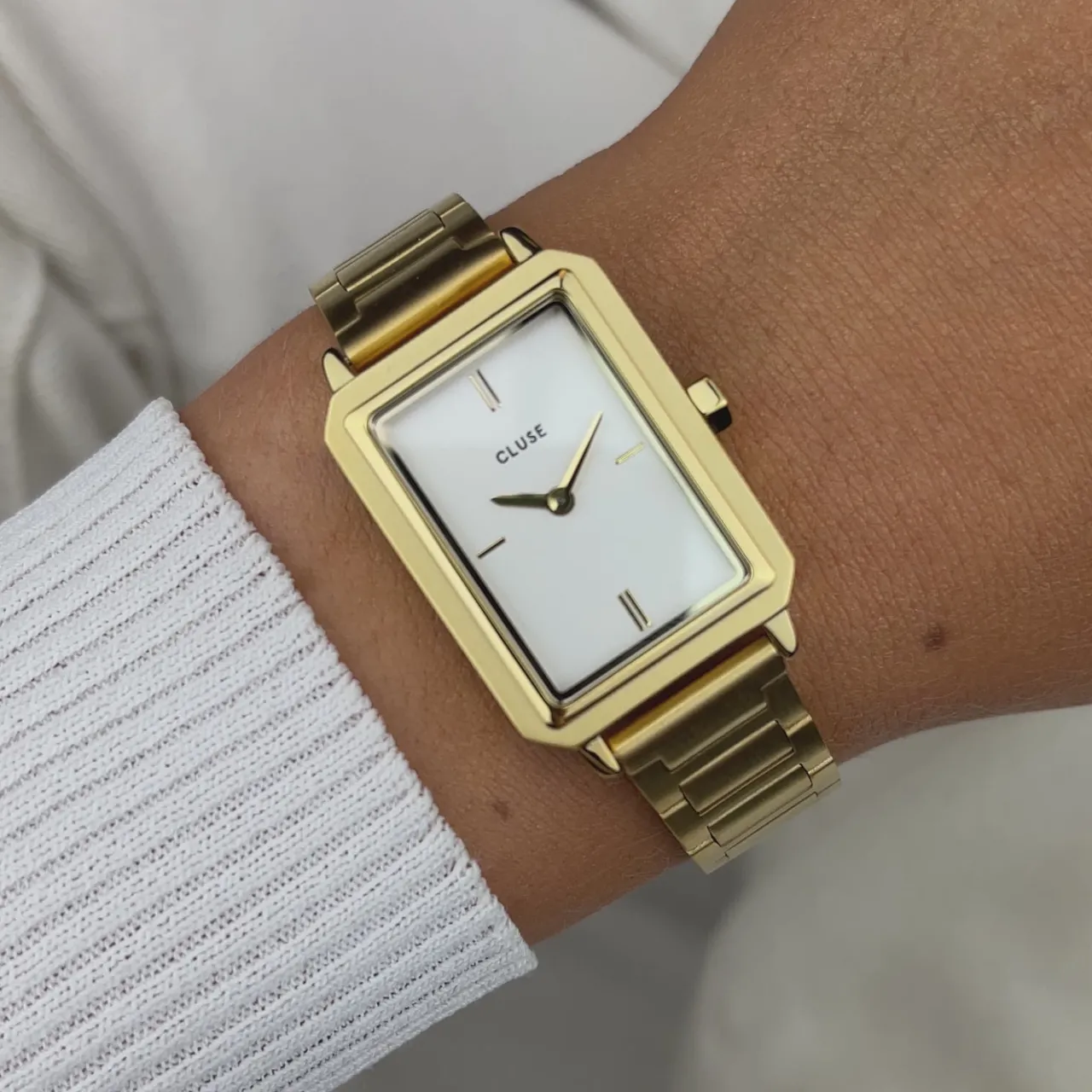 Femme CLUSE Gift Box Fluette Steel Watch and Black Leather Lizard Strap, Gold Colour