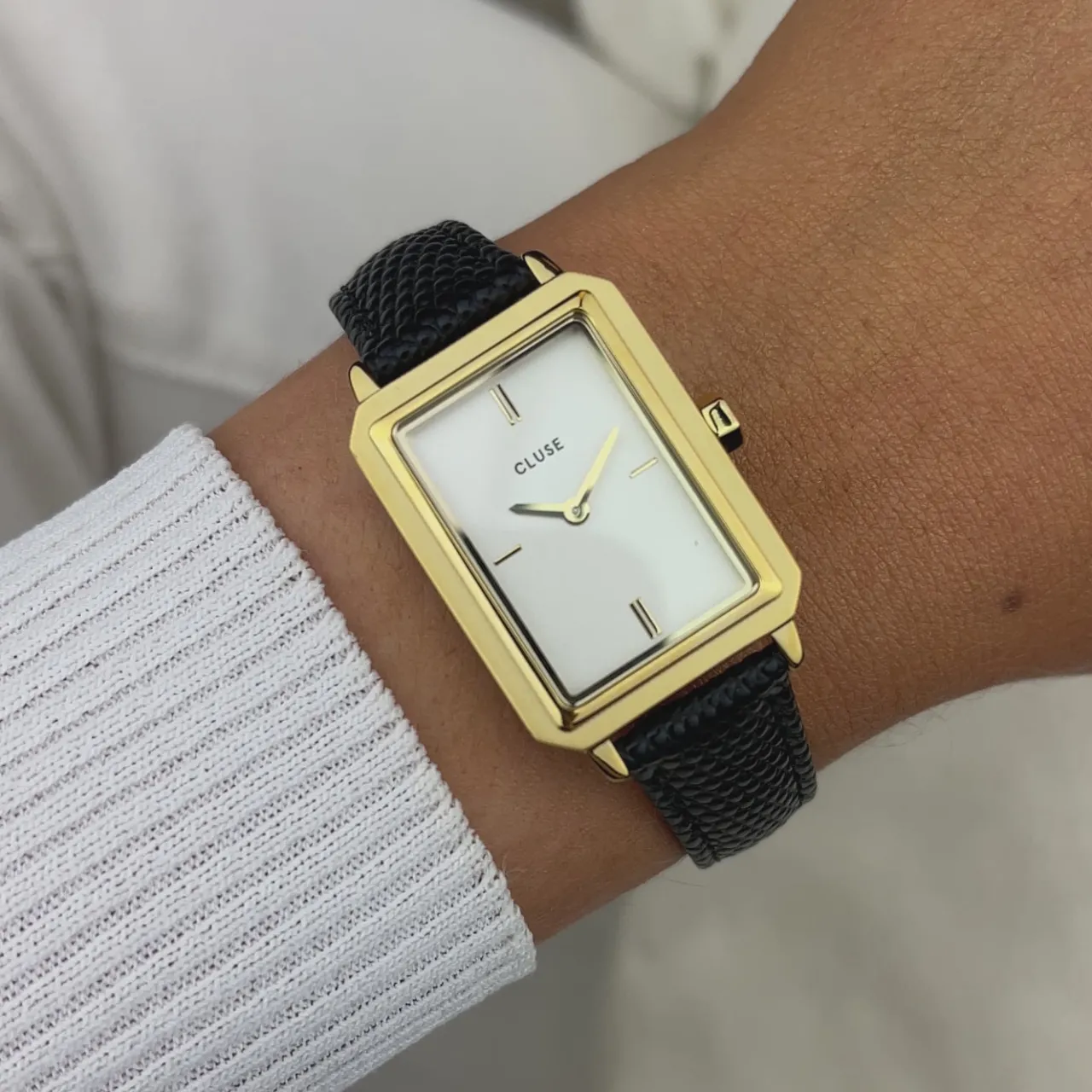 Femme CLUSE Gift Box Fluette Steel Watch and Black Leather Lizard Strap, Gold Colour