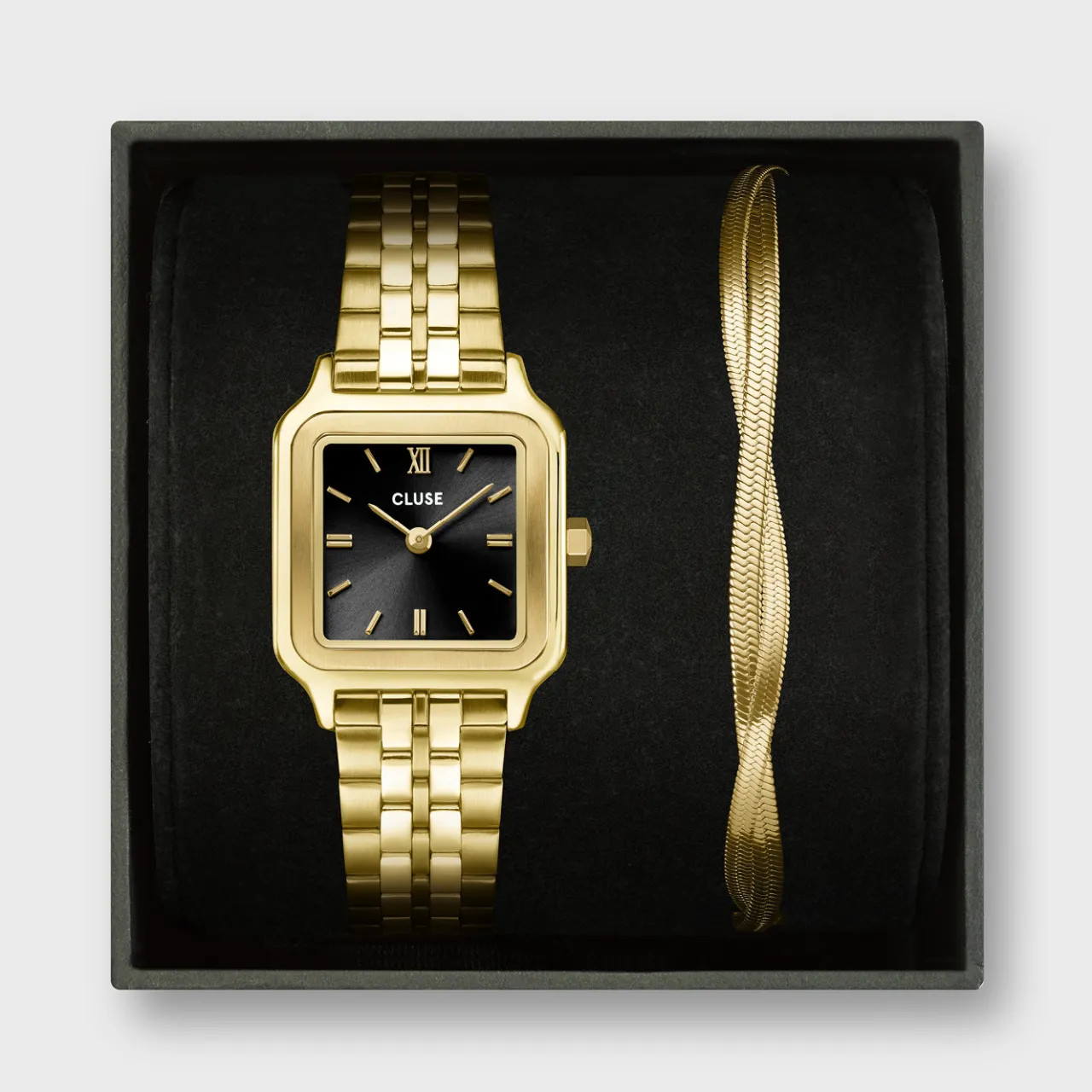 Femme CLUSE Gift Box Gracieuse Petite Watch Steel, Black & Twisted Snake Bracelet, Gold Colour