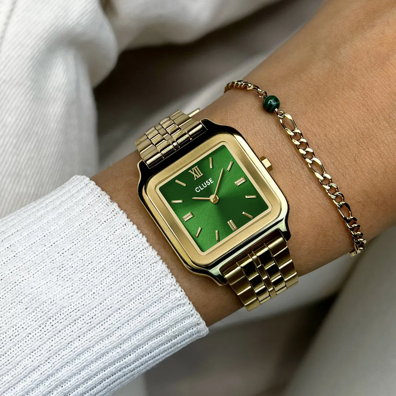 Femme CLUSE Gift Box Gracieuse Watch Steel Forest Green & Malachite Bracelet, Gold Colour