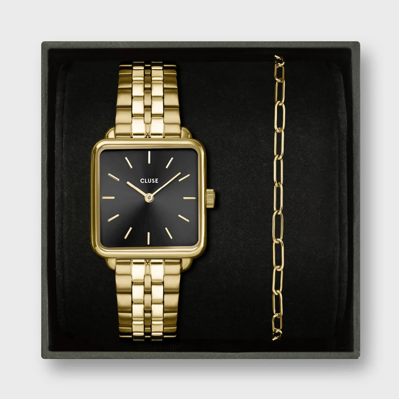 Femme CLUSE Gift Box La Tétragone Black Steel Watch & Paperclip Chain Bracelet, Gold Colour