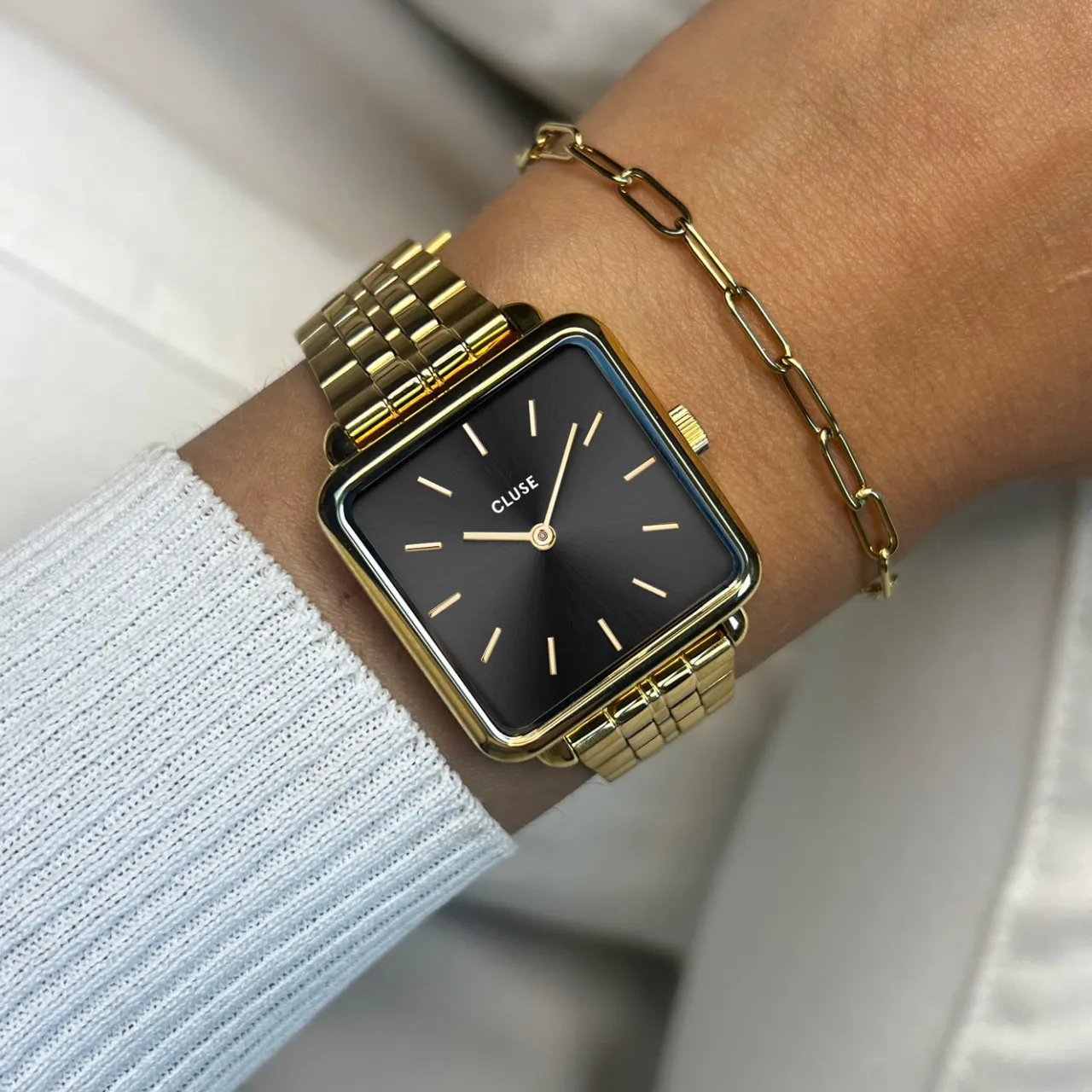 Femme CLUSE Gift Box La Tétragone Black Steel Watch & Paperclip Chain Bracelet, Gold Colour