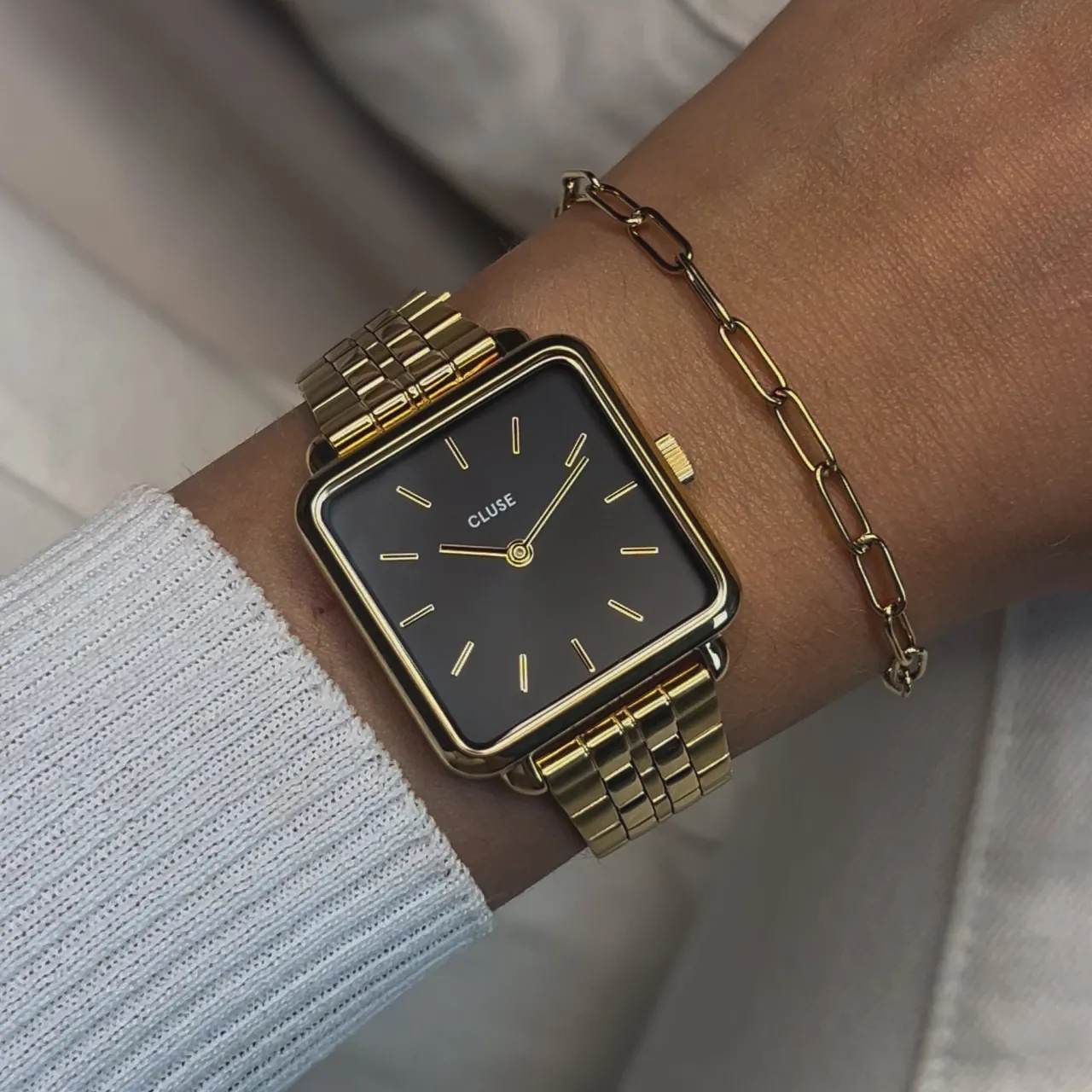 Femme CLUSE Gift Box La Tétragone Black Steel Watch & Paperclip Chain Bracelet, Gold Colour