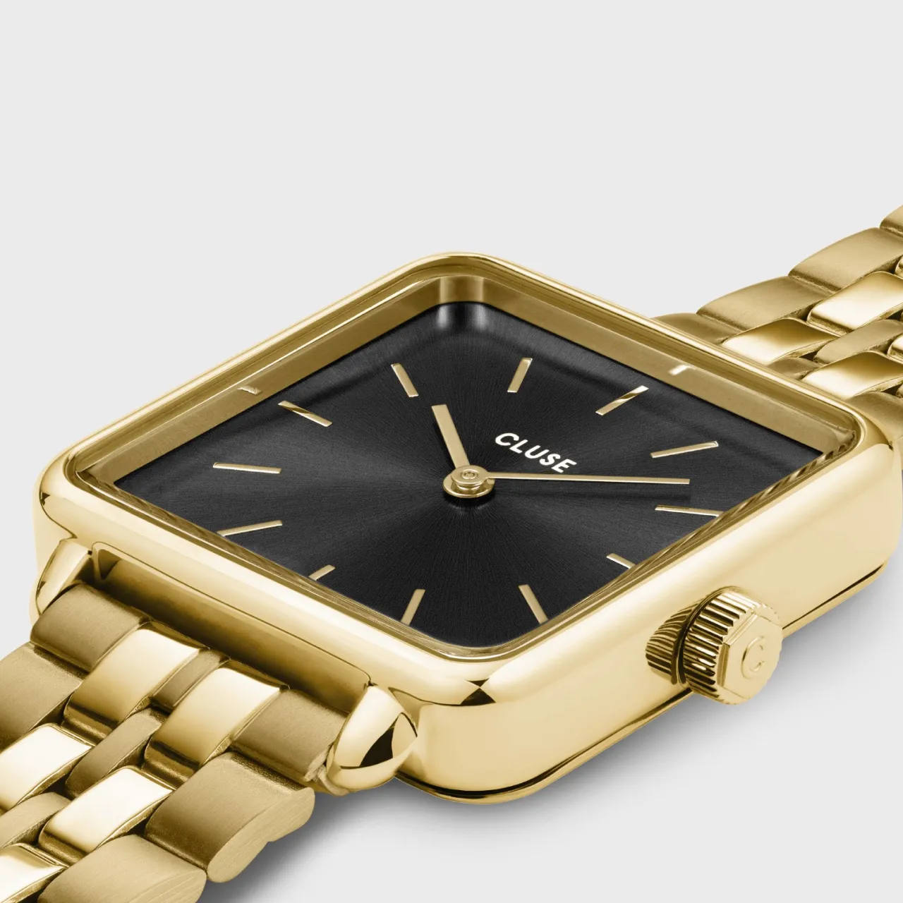 Femme CLUSE Gift Box La Tétragone Black Steel Watch & Paperclip Chain Bracelet, Gold Colour