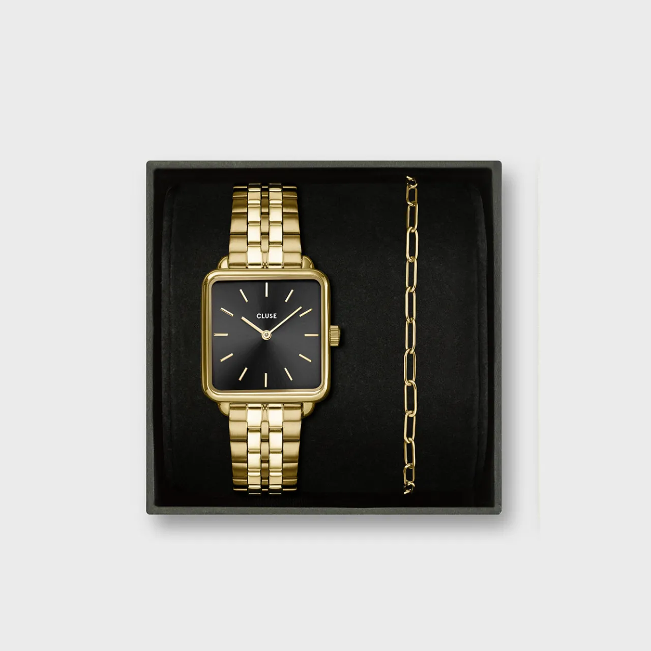 Femme CLUSE Gift Box La Tétragone Black Steel Watch & Paperclip Chain Bracelet, Gold Colour