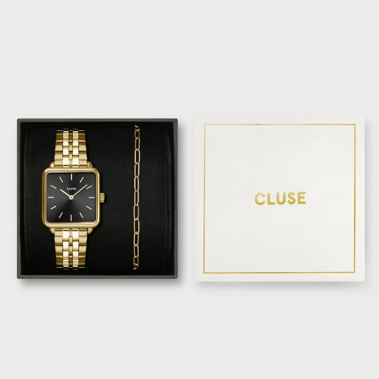 Femme CLUSE Gift Box La Tétragone Black Steel Watch & Paperclip Chain Bracelet, Gold Colour