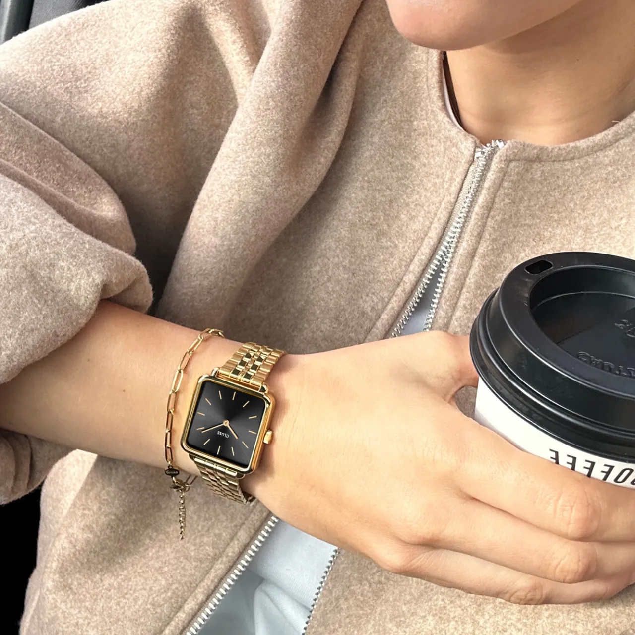 Femme CLUSE Gift Box La Tétragone Black Steel Watch & Paperclip Chain Bracelet, Gold Colour