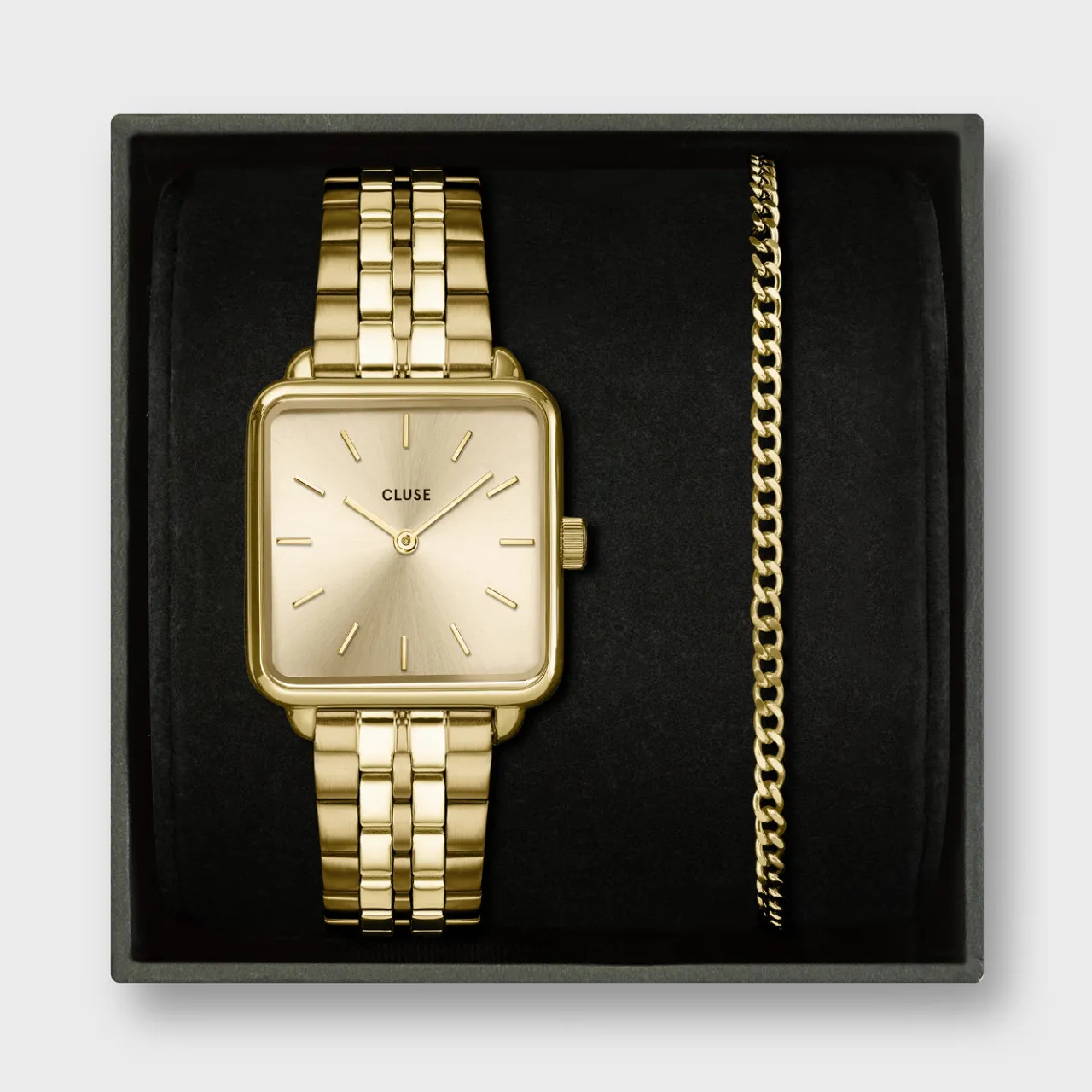 Femme CLUSE Gift Box La Tétragone Full Gold Steel Watch & Curb Chain Bracelet, Gold Colour