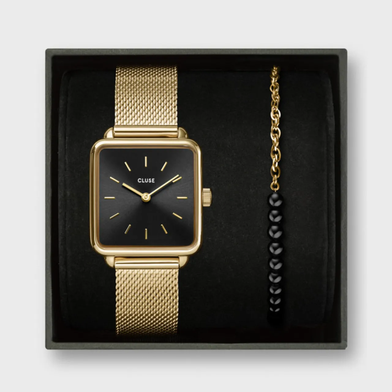 Femme CLUSE Gift Box La Tétragone Mesh Watch & Beads Bracelet, Gold Colour