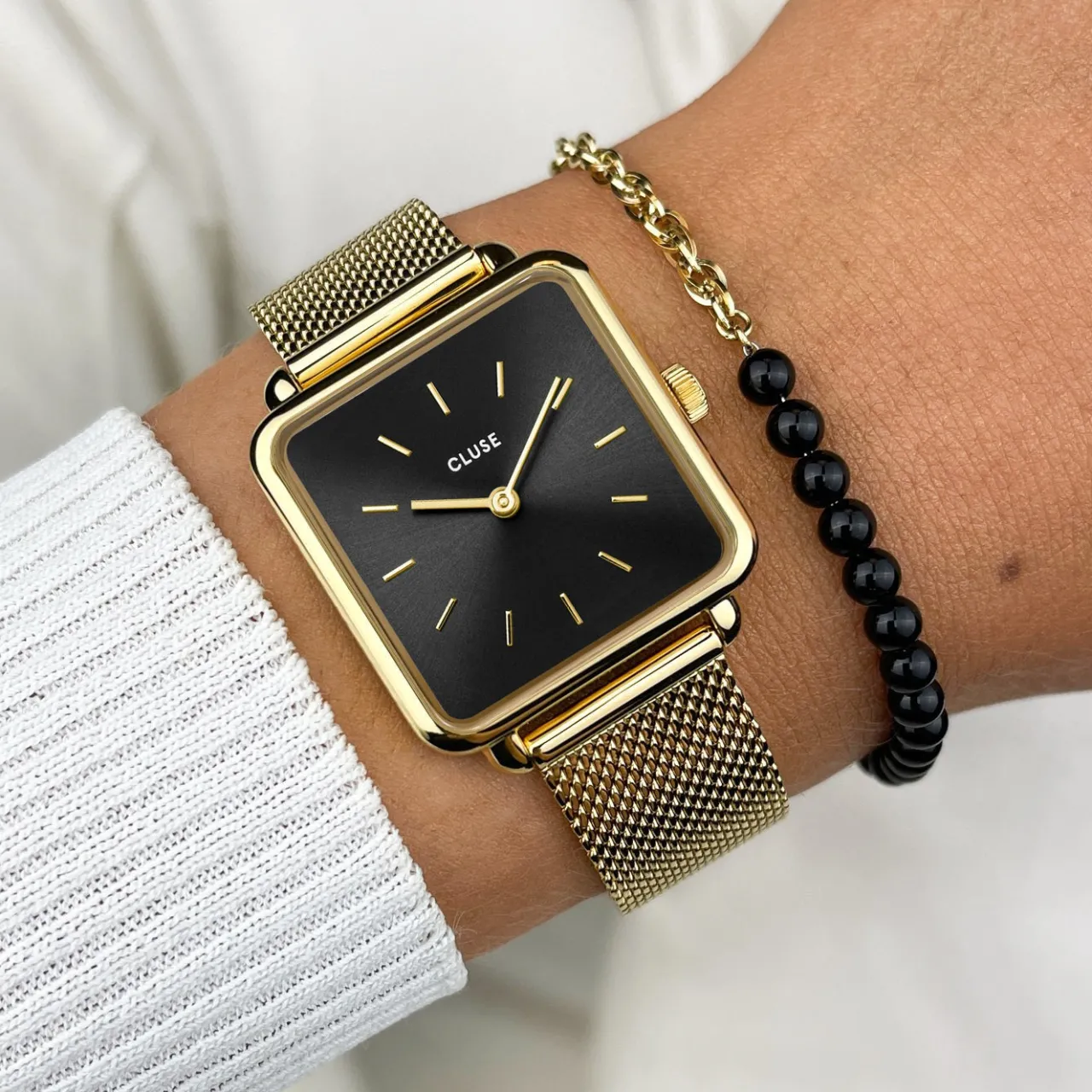 Femme CLUSE Gift Box La Tétragone Mesh Watch & Beads Bracelet, Gold Colour