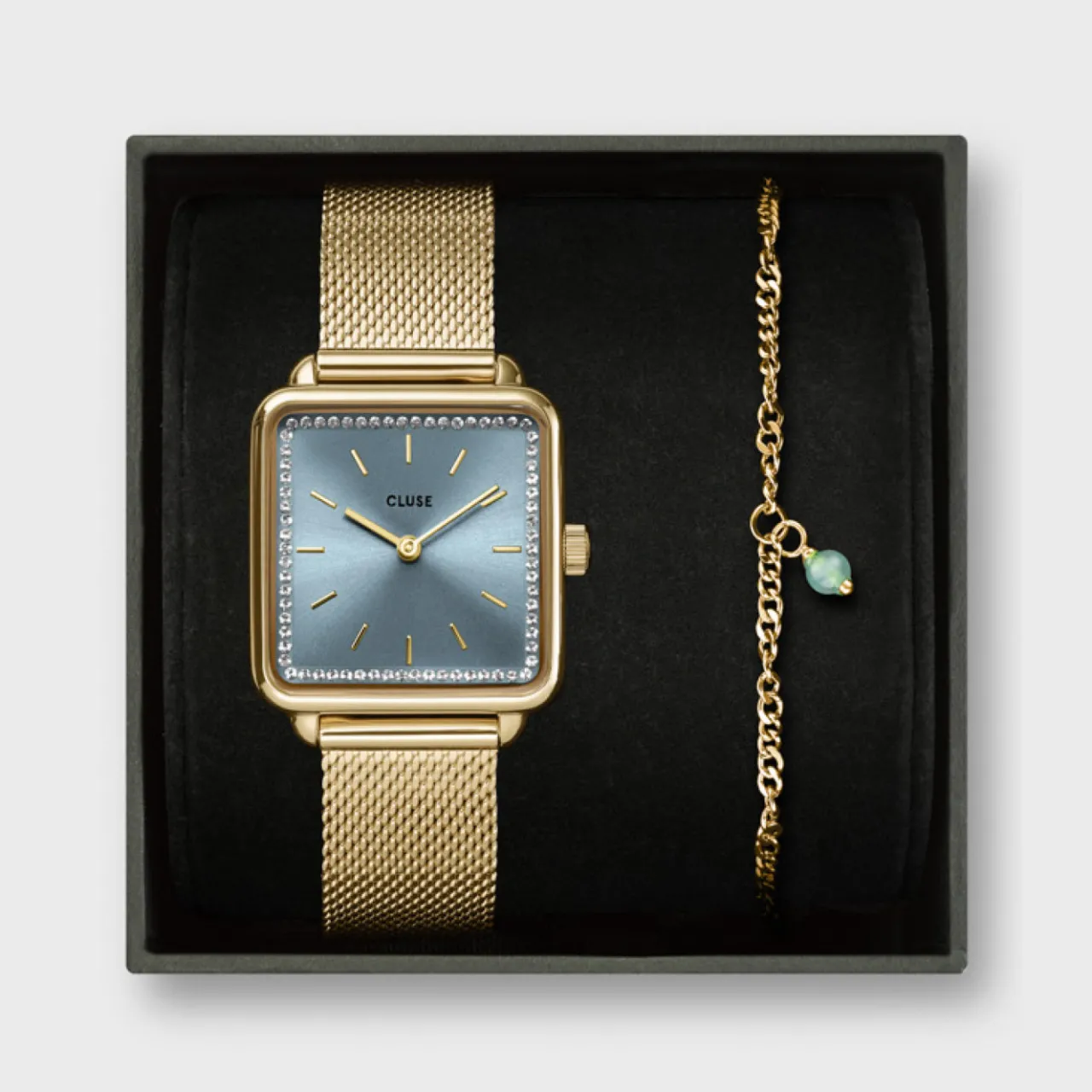 Femme CLUSE Gift Box La Tétragone Mesh Watch & Chain Bracelet, Gold Colour