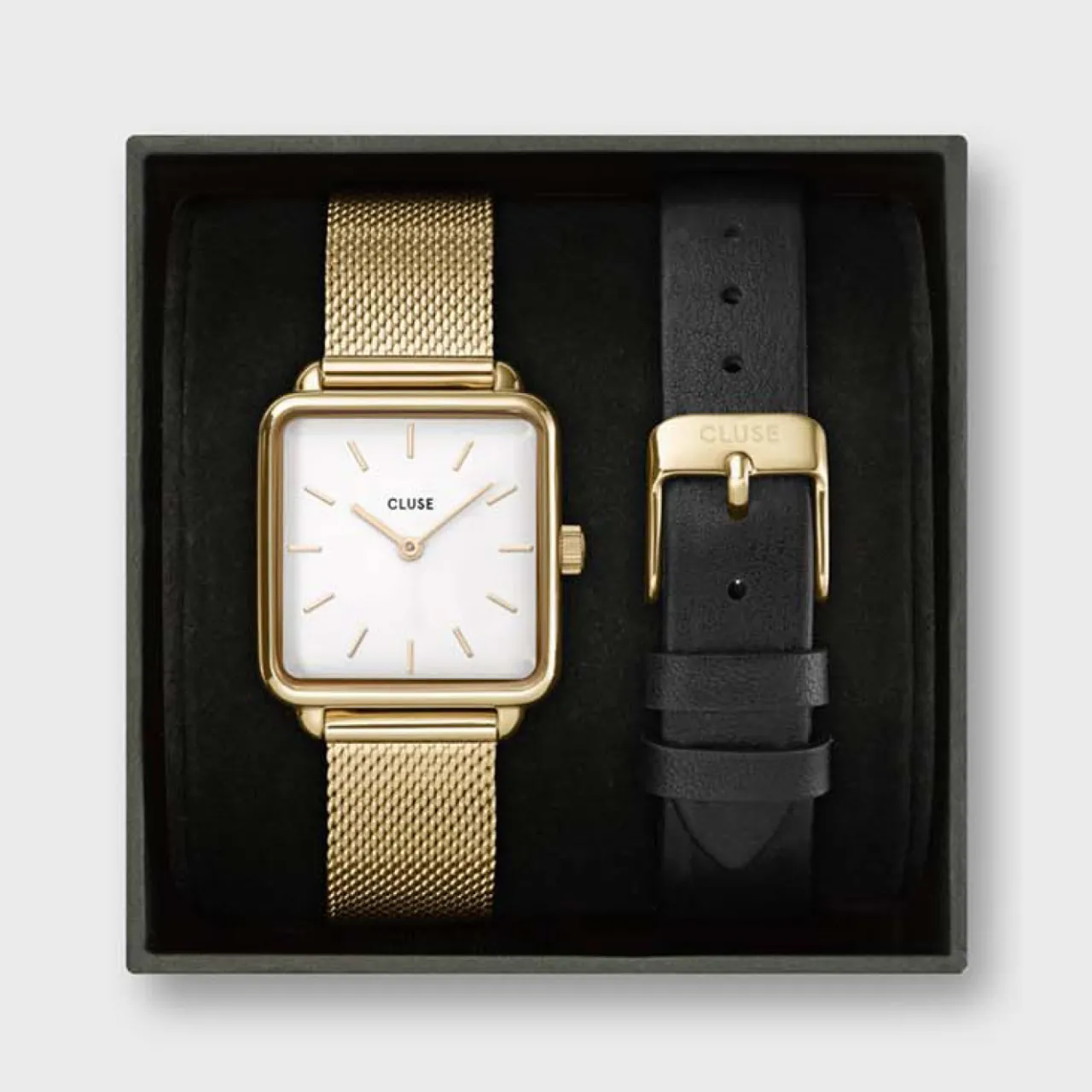 Femme CLUSE Gift Box La Tétragone Watch & Leather Strap, Gold Colour