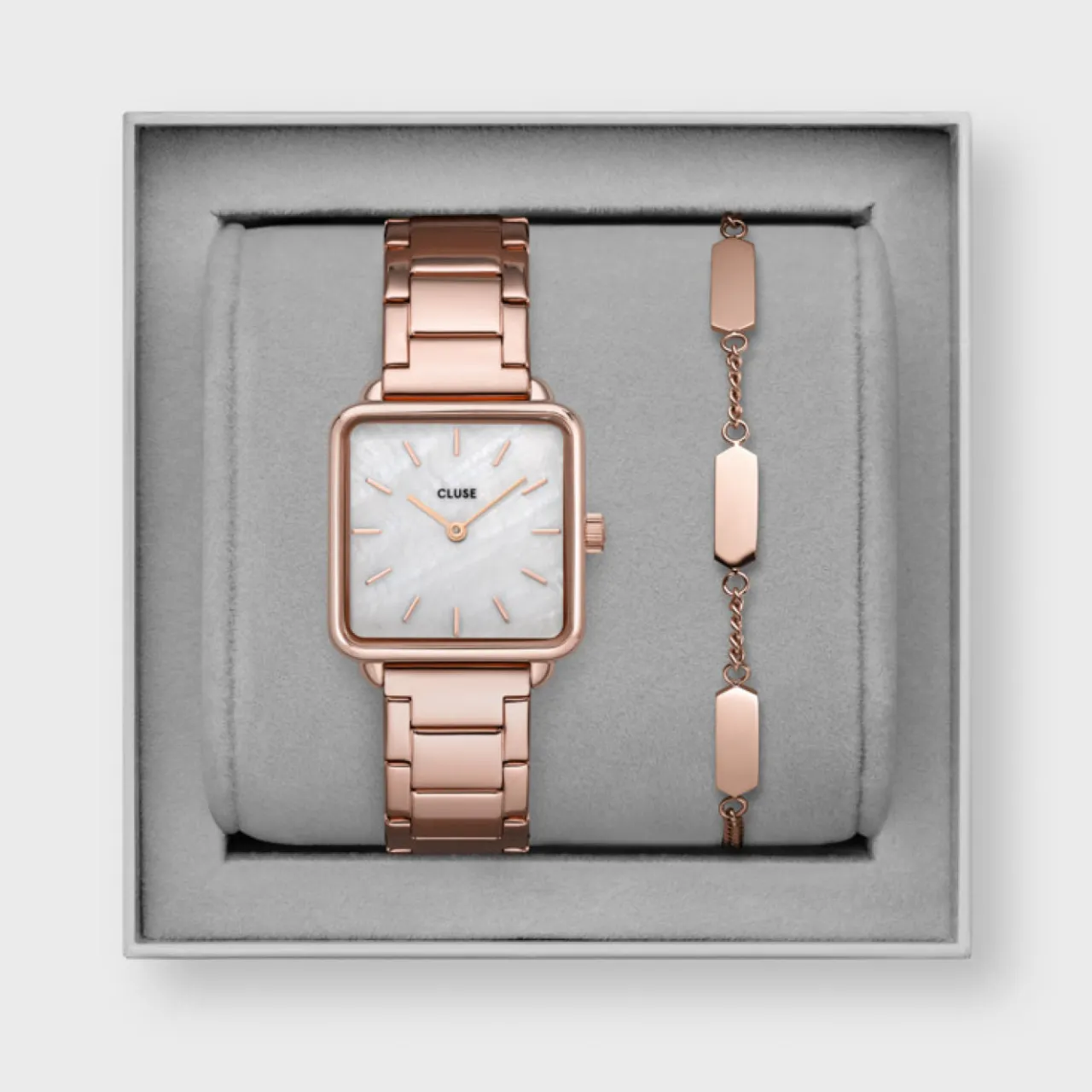 Femme CLUSE Gift Box La Tétragone Watch and Bracelet Rose Gold Colour