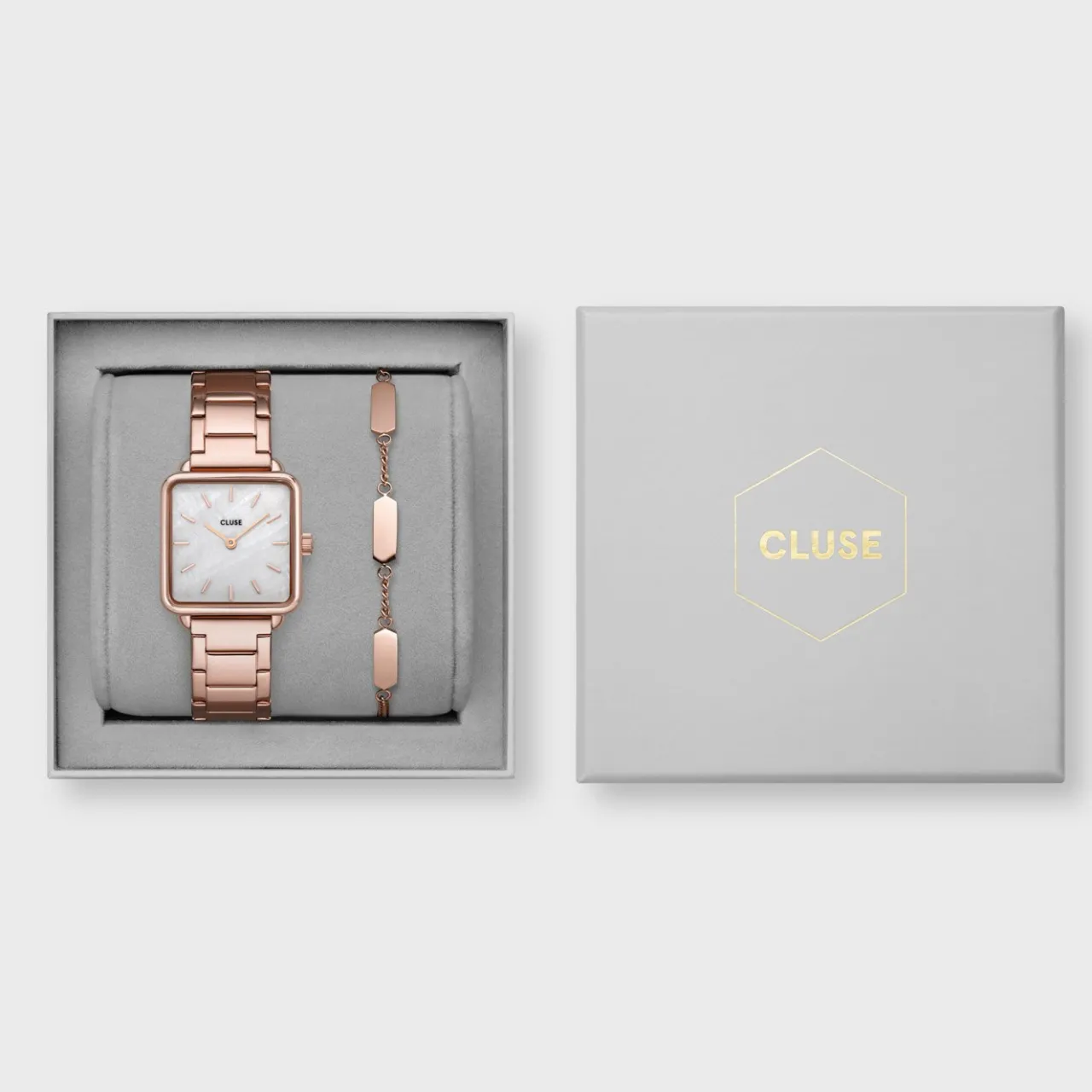 Femme CLUSE Gift Box La Tétragone Watch and Bracelet Rose Gold Colour