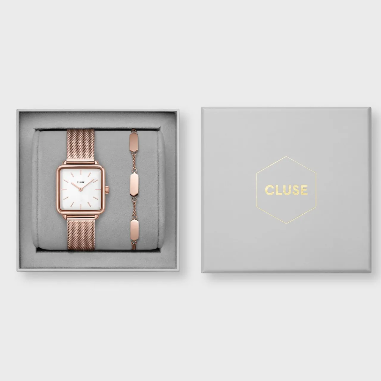 Femme CLUSE Gift Box La Tétragone Watch Hexagon Bracelet Rose Gold Colour