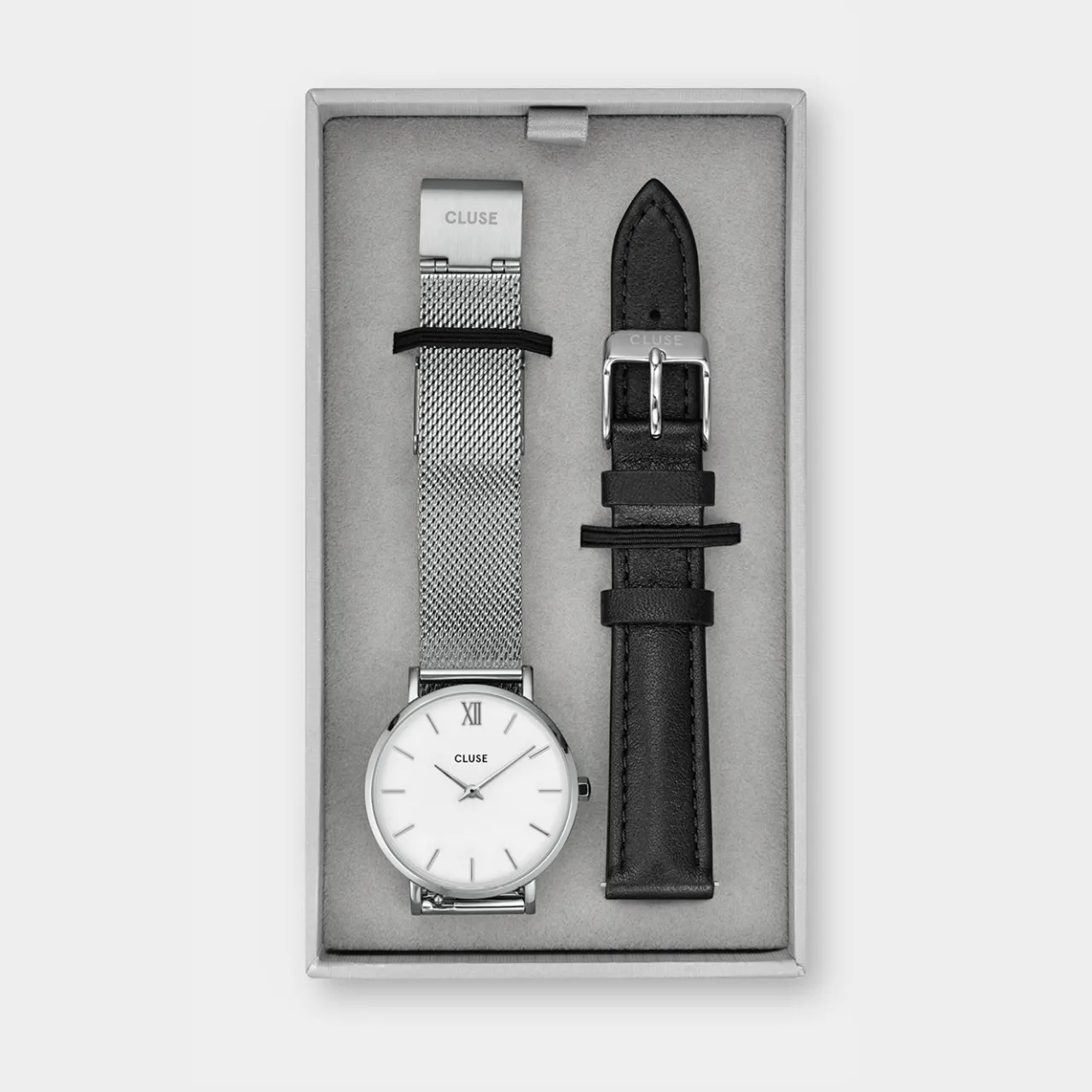 Femme CLUSE Gift Box Minuit Mesh & Leather Strap Silver Colour