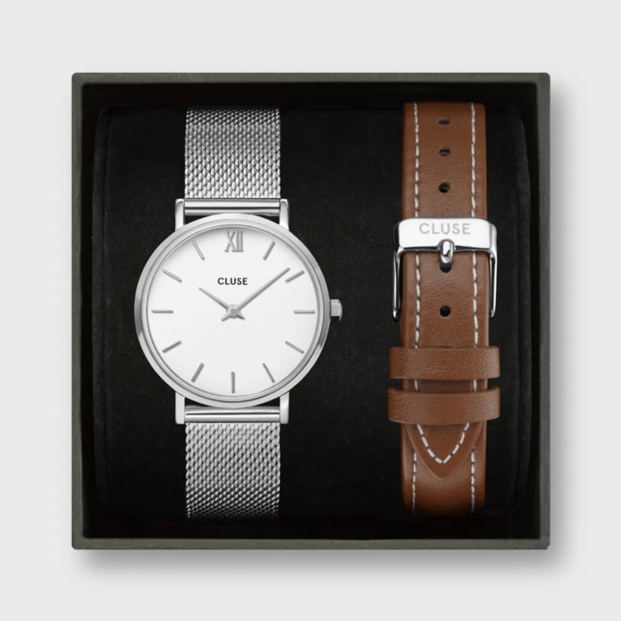 Femme CLUSE Gift Box Minuit Watch & Brown Leather Strap Silver Colour