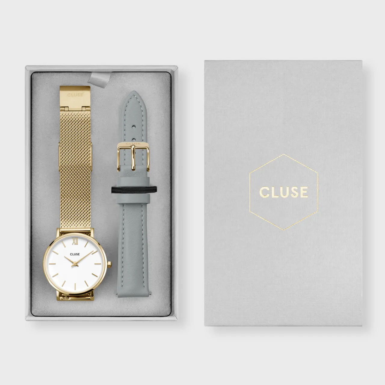 Femme CLUSE Gift Box Minuit Watch Mesh & Grey Leather Strap, Gold Colour