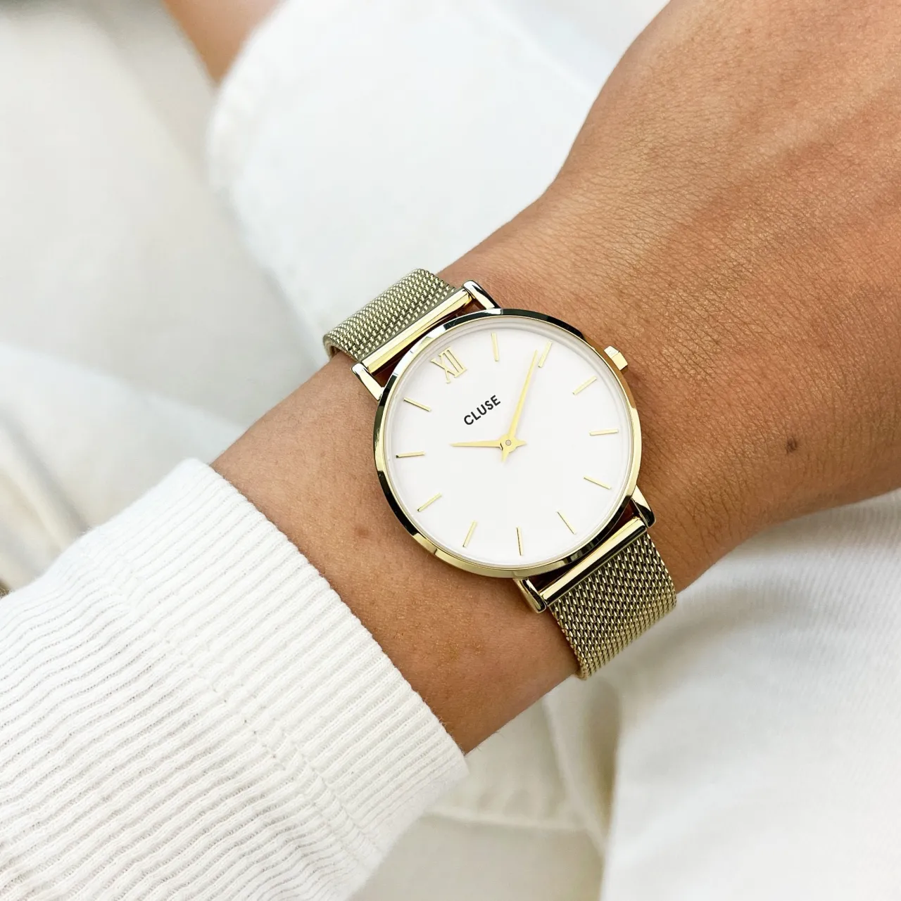 Femme CLUSE Gift Box Minuit Watch Mesh & Grey Leather Strap, Gold Colour