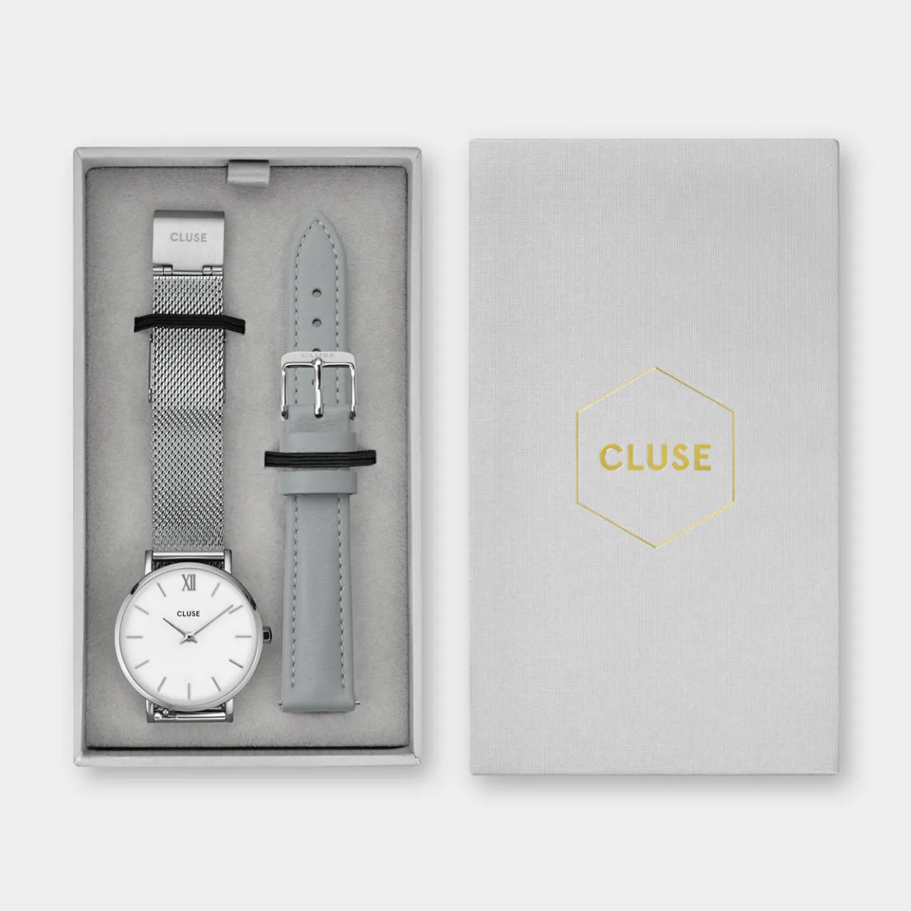 Femme CLUSE Gift Box Minuit Watch Mesh & Grey Leather Strap, Silver Colour