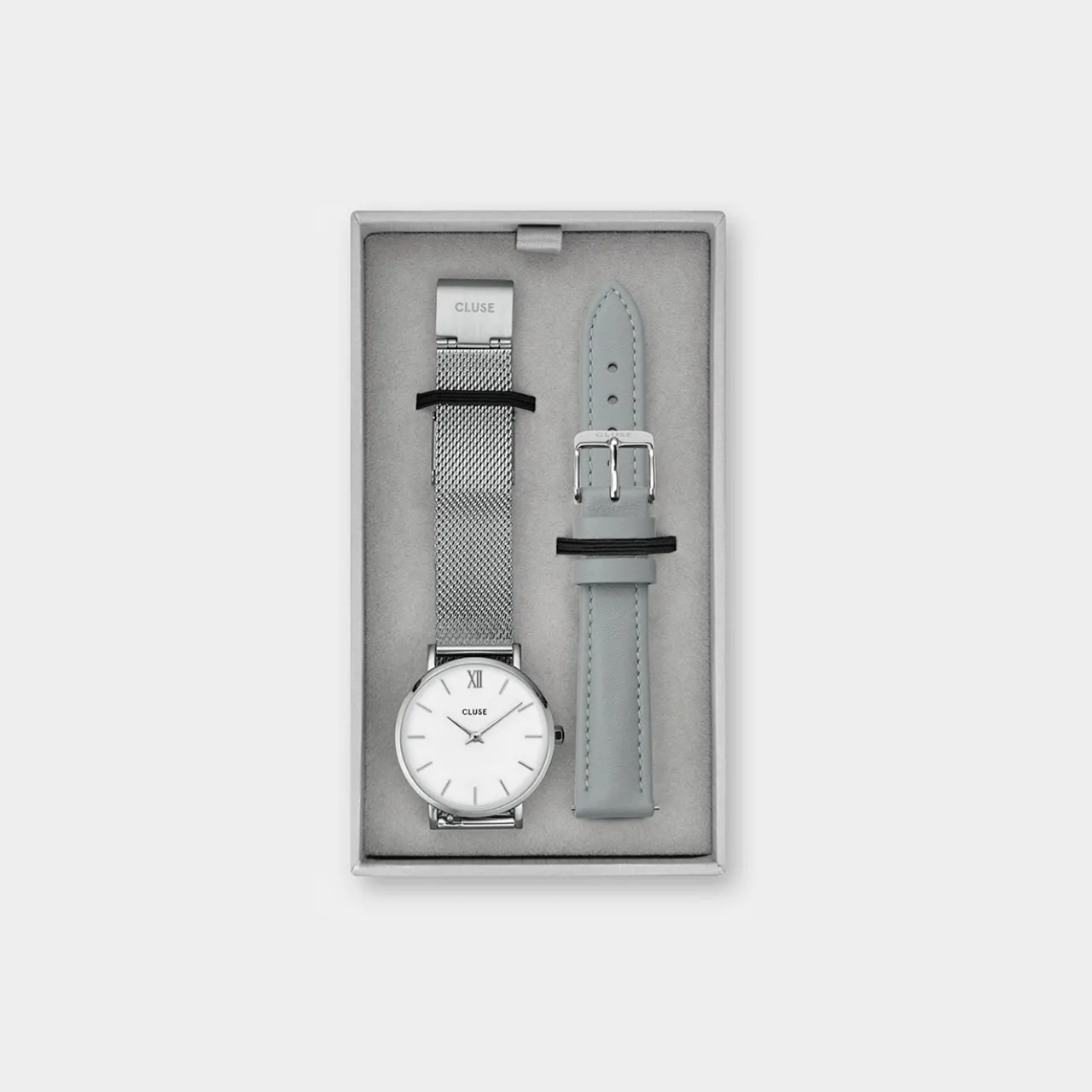 Femme CLUSE Gift Box Minuit Watch Mesh & Grey Leather Strap, Silver Colour