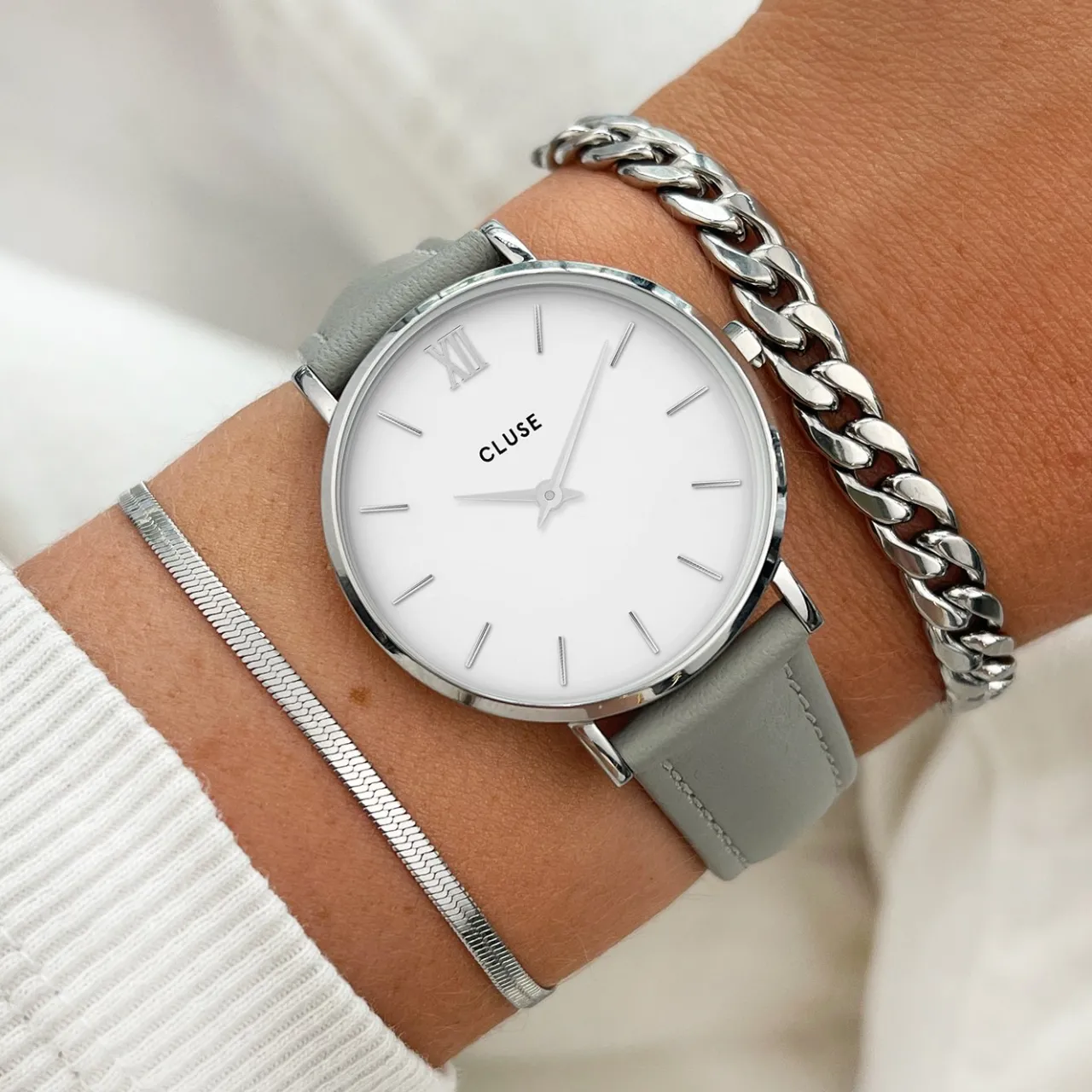 Femme CLUSE Gift Box Minuit Watch Mesh & Grey Leather Strap, Silver Colour