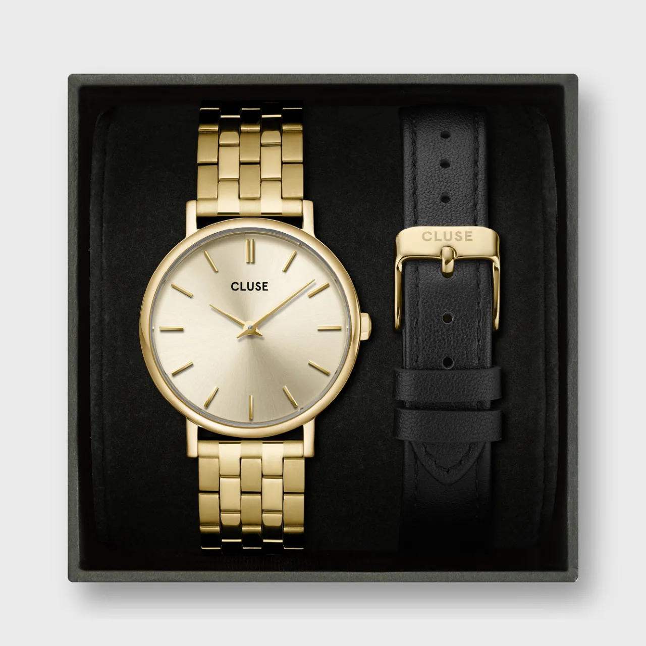 Femme CLUSE Gift Box Pavane Petite 2.0 Steel Watch Gold & Black Leather Strap, Gold Colour