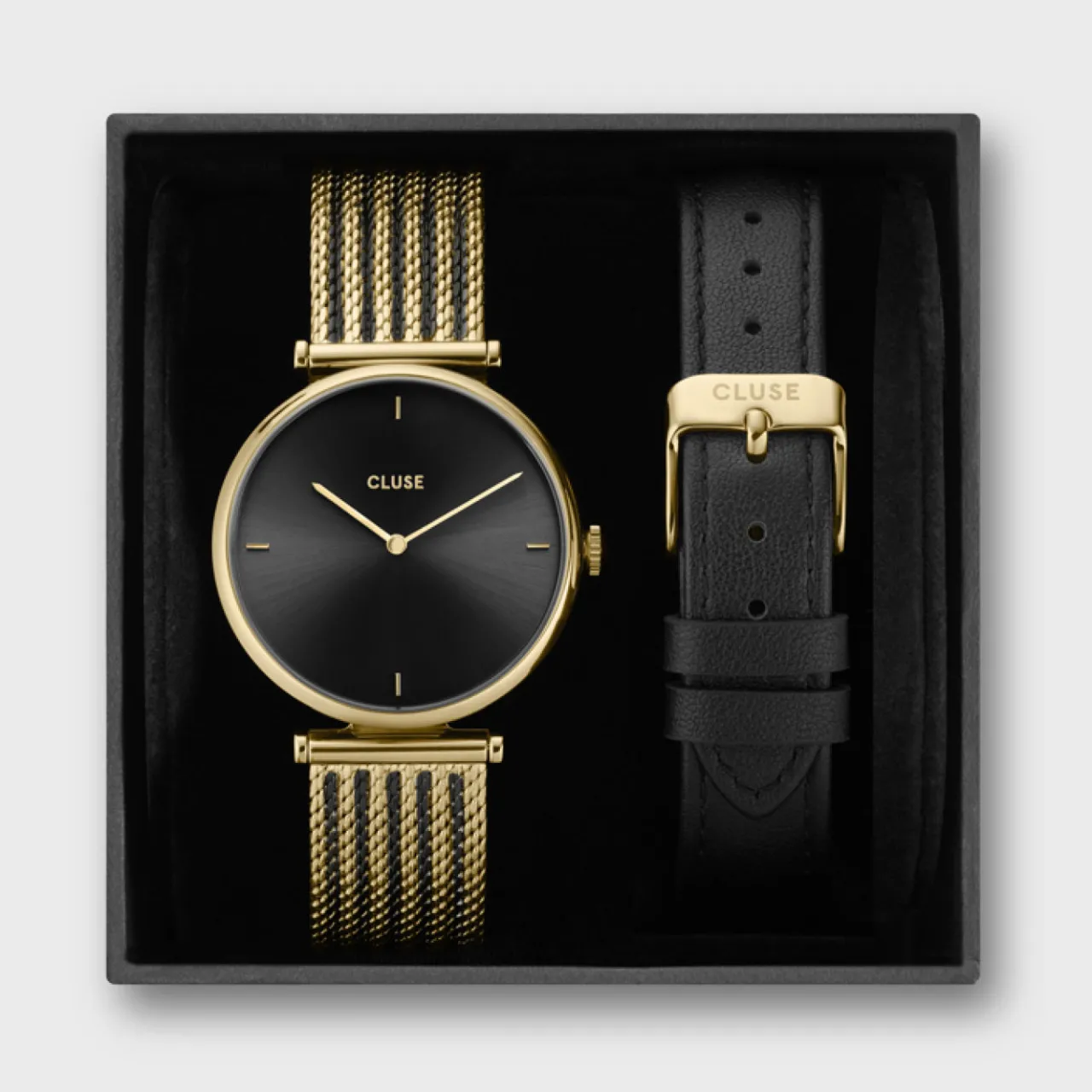Femme CLUSE Gift Box Triomphe Mesh, Gold Colour & Black Leather Strap